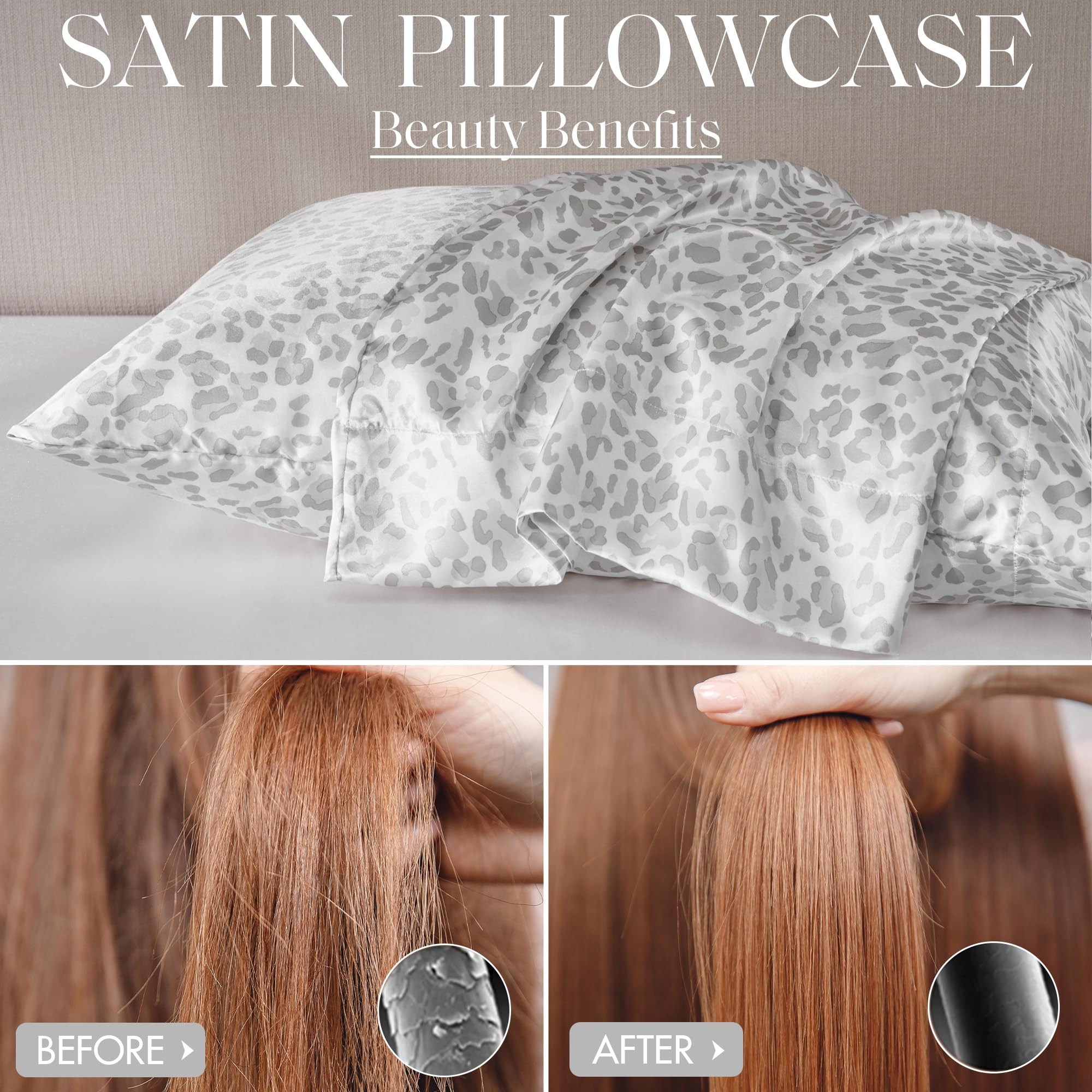 Madison Park Essentials Set Of 2 Satin Pillowcase For Hair & Skin, Luxuriously Soft, Silky With Natural Sheen Luster, Cool To Touch, Wrinkle-Free, Machine Washable, Standard Gray Leopard 2 Piece