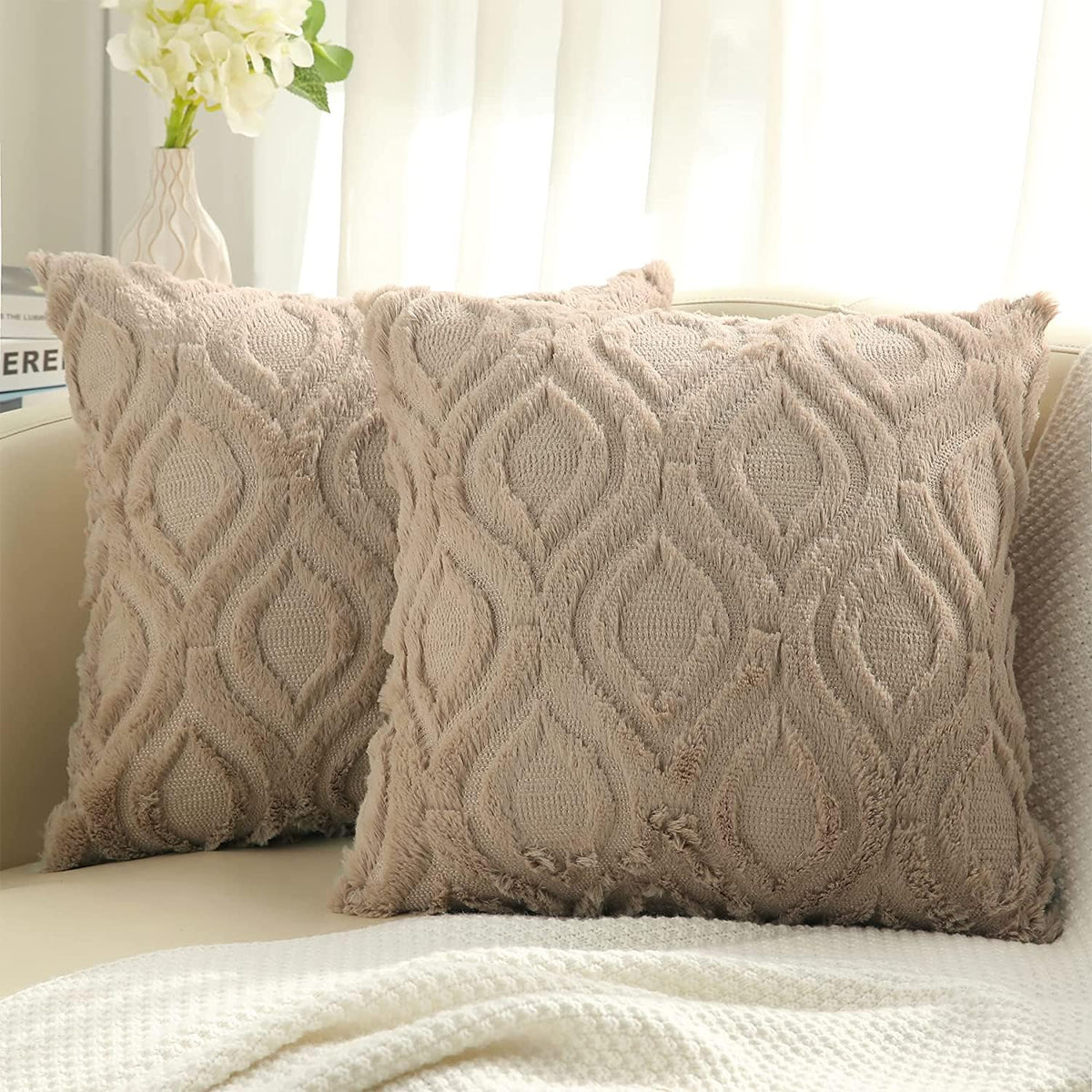 Decoruhome Decorative Throw Pillow Covers 22X22, Soft Plush Faux Wool Couch Pillow Covers For Home, Set Of 2,Khaki
