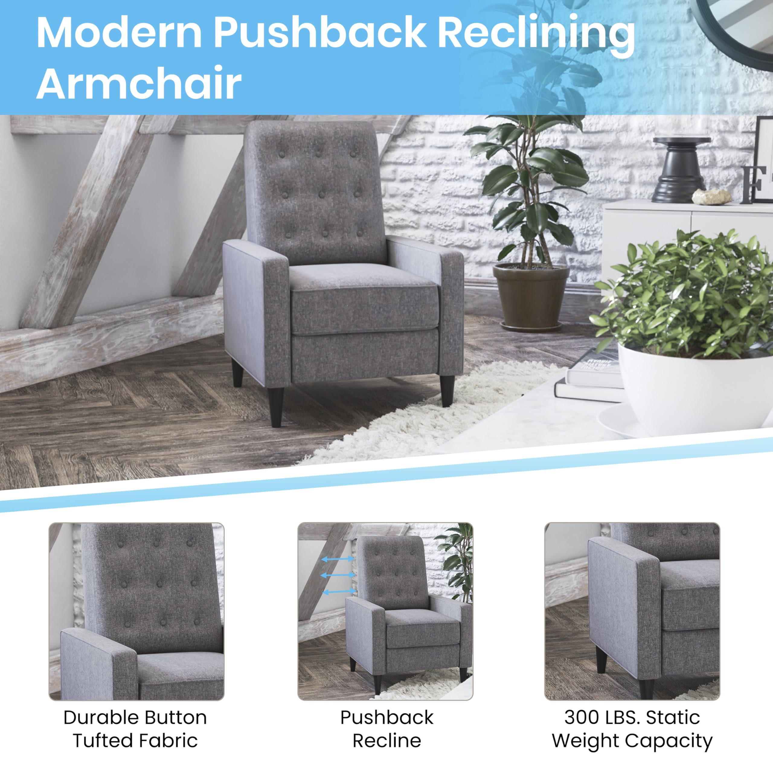 Flash Furniture Ezra Ezra Pushback Recliner - Mid-Century Modern Gray Fabric Upholstery - Button Tufted Back - Residential & Commercial Use