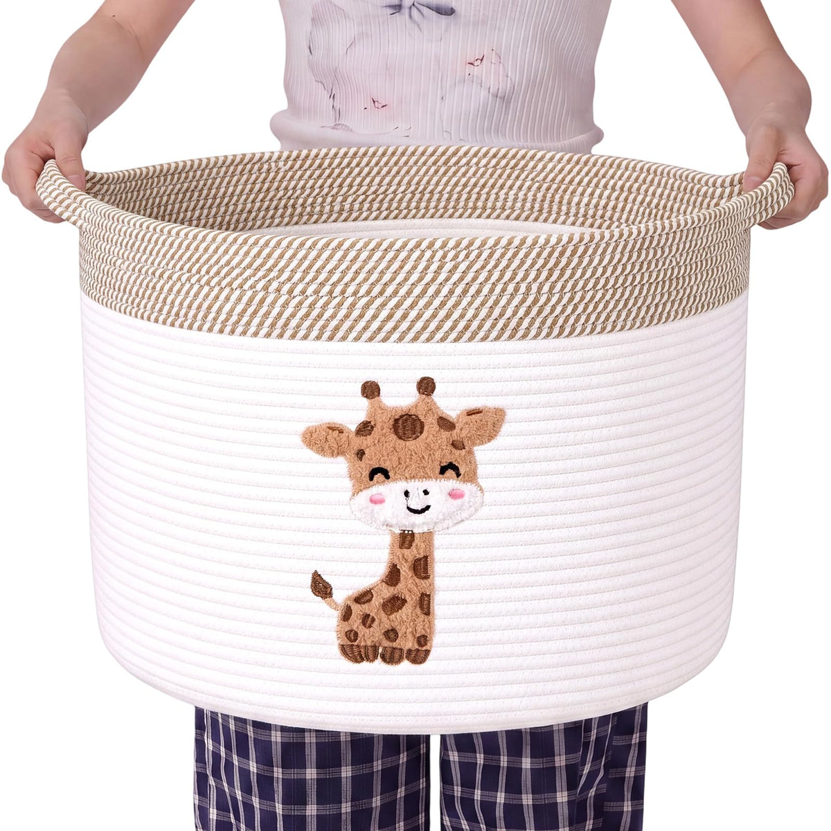 LemonRoad Large Woven Bear Basket, Cotton Rope, Cute Giraffe, Brown White