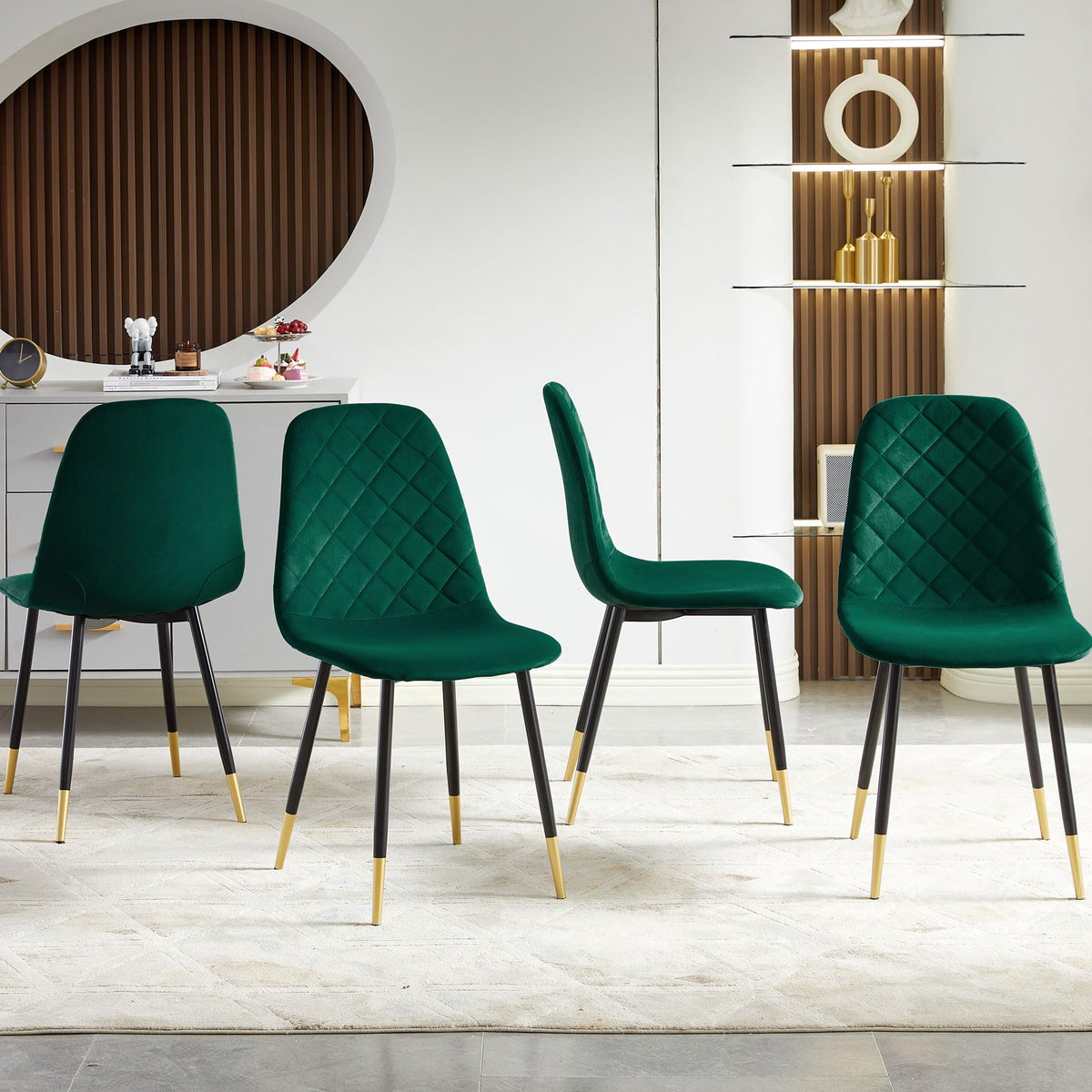 Nordicana Velvet Dining Chairs Kitchen Plain Color Chair Upholstered Side Stools With Backrest Metal Legs Set Of 4, Kelly Green