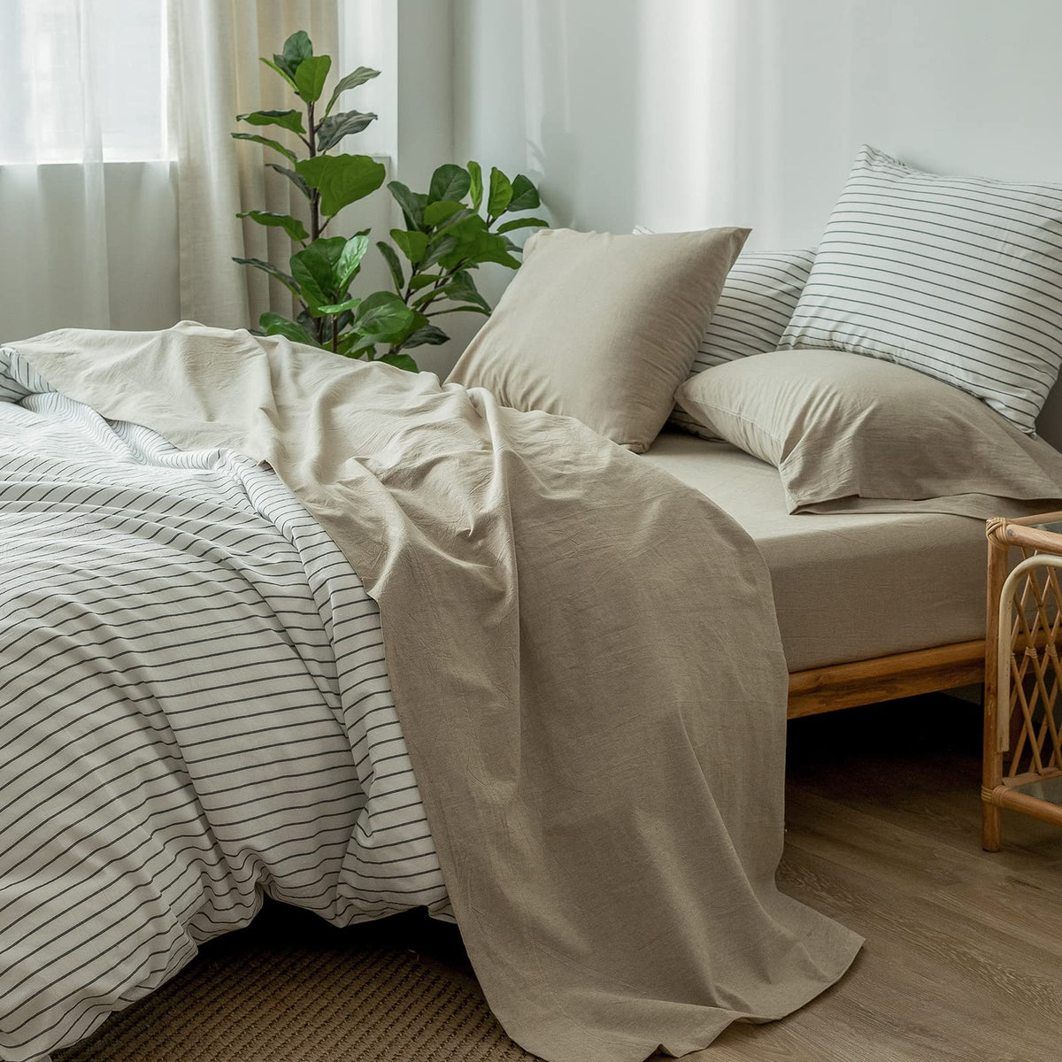 Moomee Bedding Sheet Set 100% Washed Cotton Linen Like Textured Breathable Durable Soft Comfy (Khaki, King)