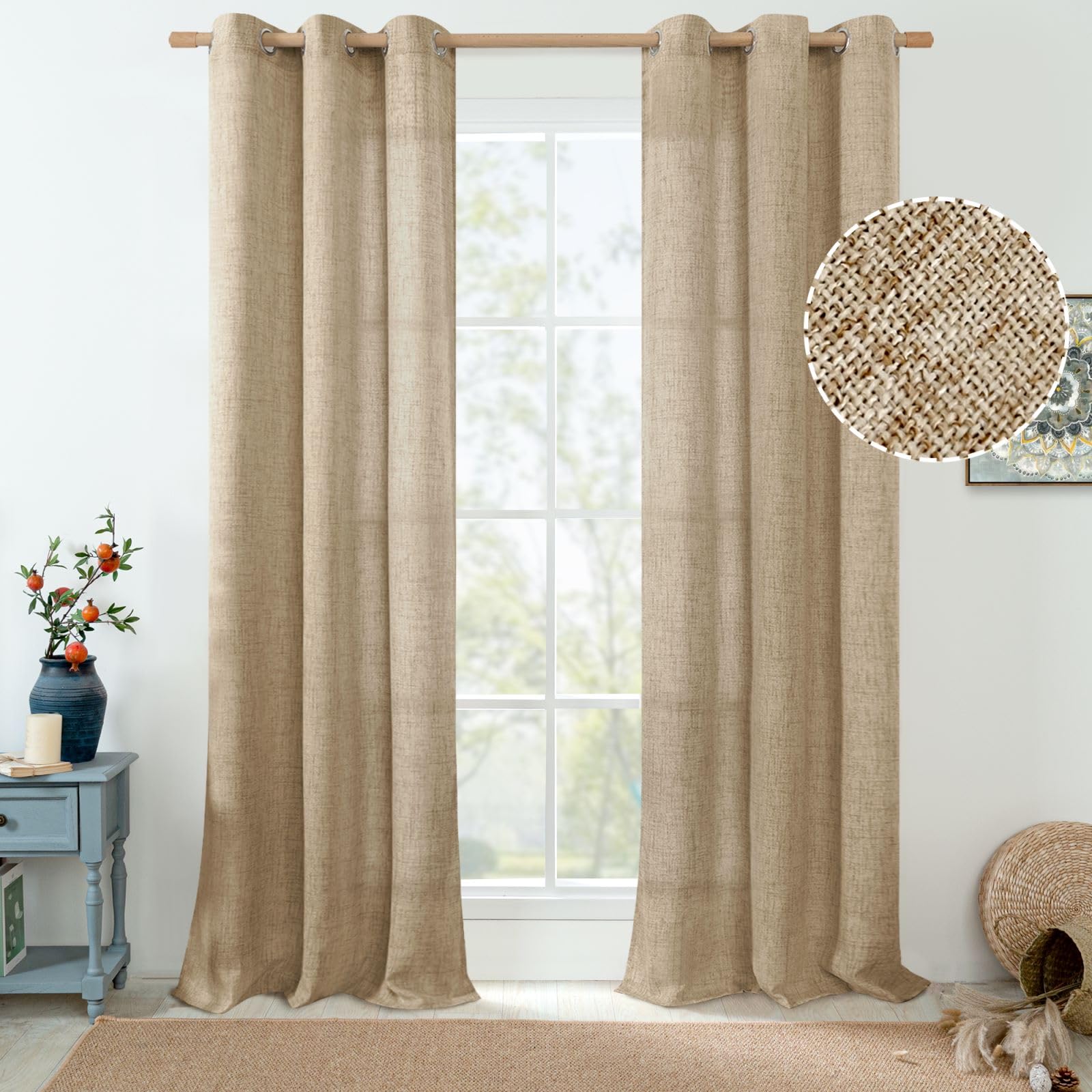 QUEMAS Linen Curtains for Living Room 84 Inch Length 2 Panels, Light Filtering Thick Burlap Window Curtains for Bedroom Privacy,
