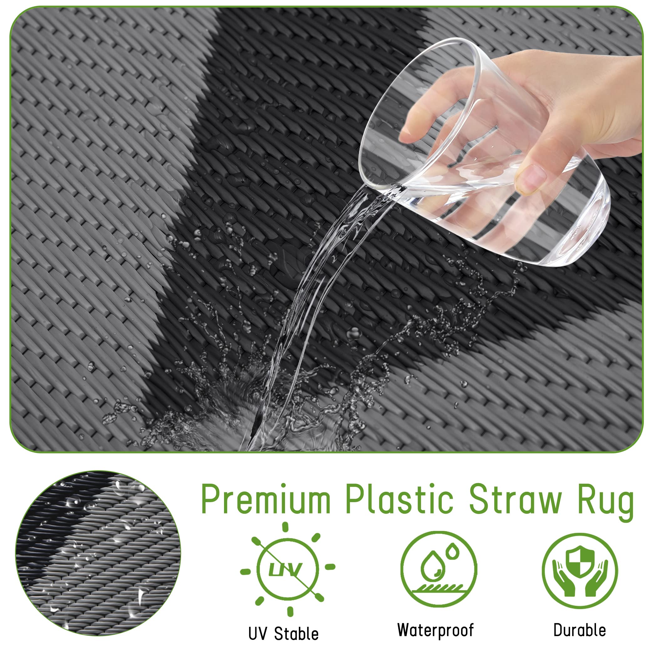 Easy-Going Reversible Outdoor Rugs 6X9Ft Waterproof Plastic Straw Rug Stain & Uv Resistant Floor Mat For Patio Porch Rv Backyard Pool Deck Picnic Beach Trailer Camping (Waved Black & Grey)