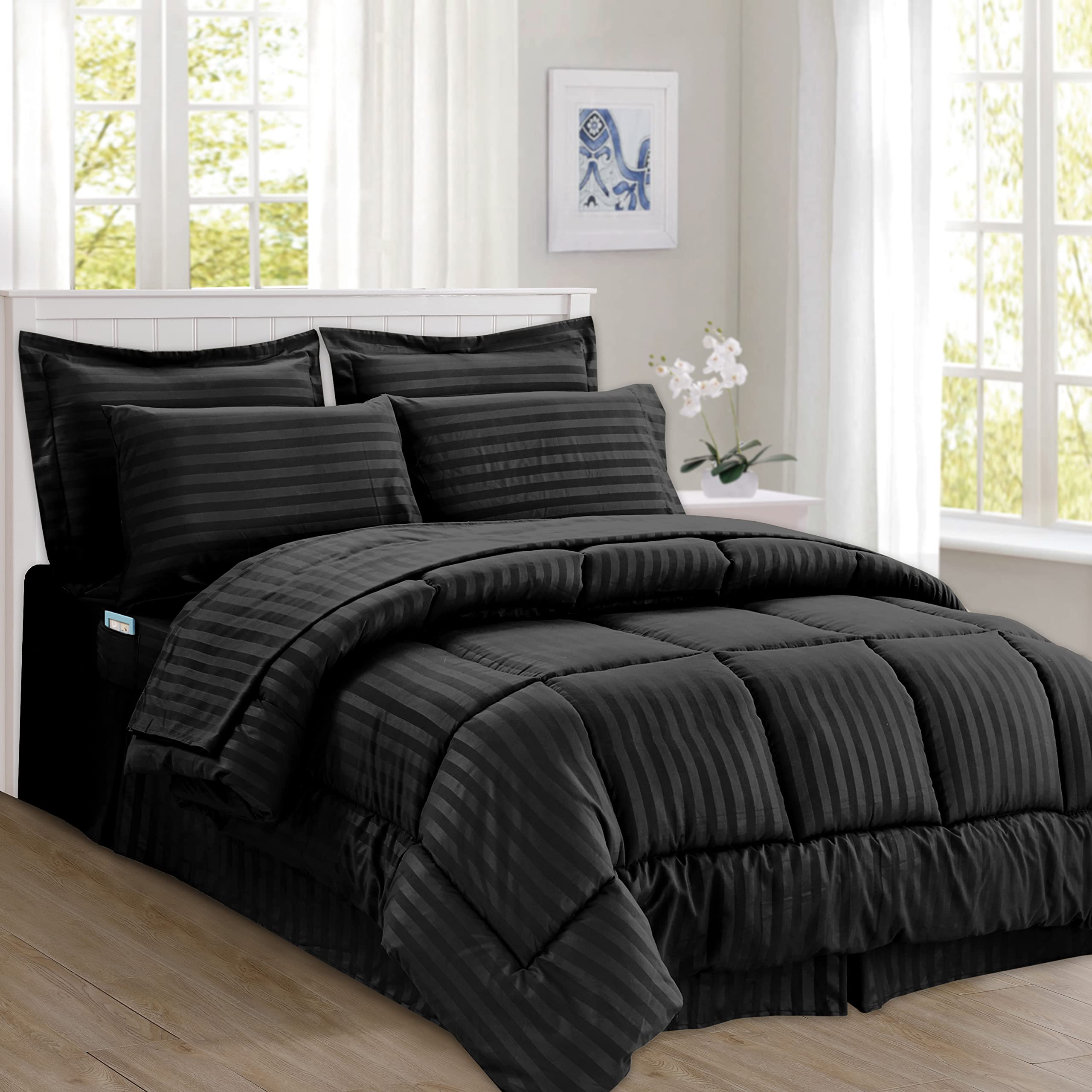 Elegant Comfort Silky Soft 8-Piece Dobby Stripe Bed-In-A-Bag Comforter Set, Includes 4Pc Smart Sheet Set, Bed Skirt, Comforter, Matching Pillowcases And Shams - Twin/Twin Xl, Black