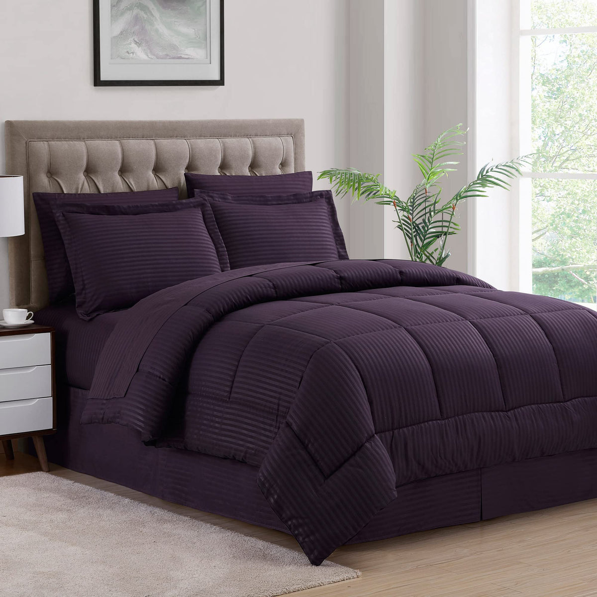 Queen Comforter Set 8 Piece Bed In A Bag With Bed Skirt, Fitted Sheet, Flat Sheet, 2 Pillowcases, 2 Pillow Shams, Queen, Dobby P