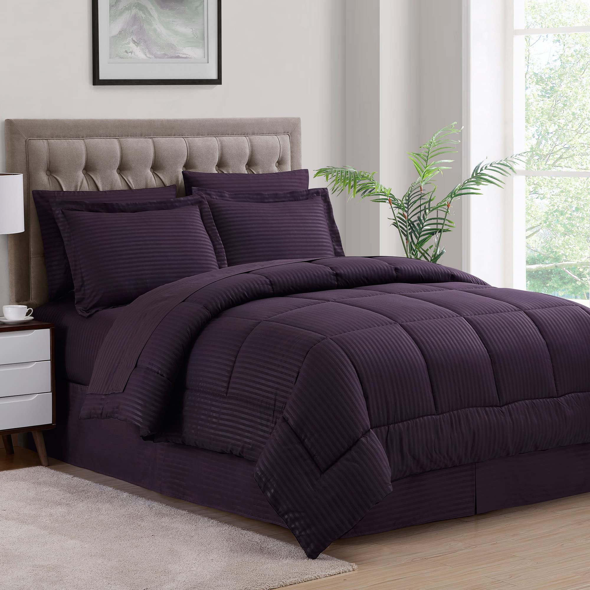 Queen Comforter Set 8 Piece Bed In A Bag With Bed Skirt, Fitted Sheet, Flat Sheet, 2 Pillowcases, 2 Pillow Shams, Queen, Dobby P