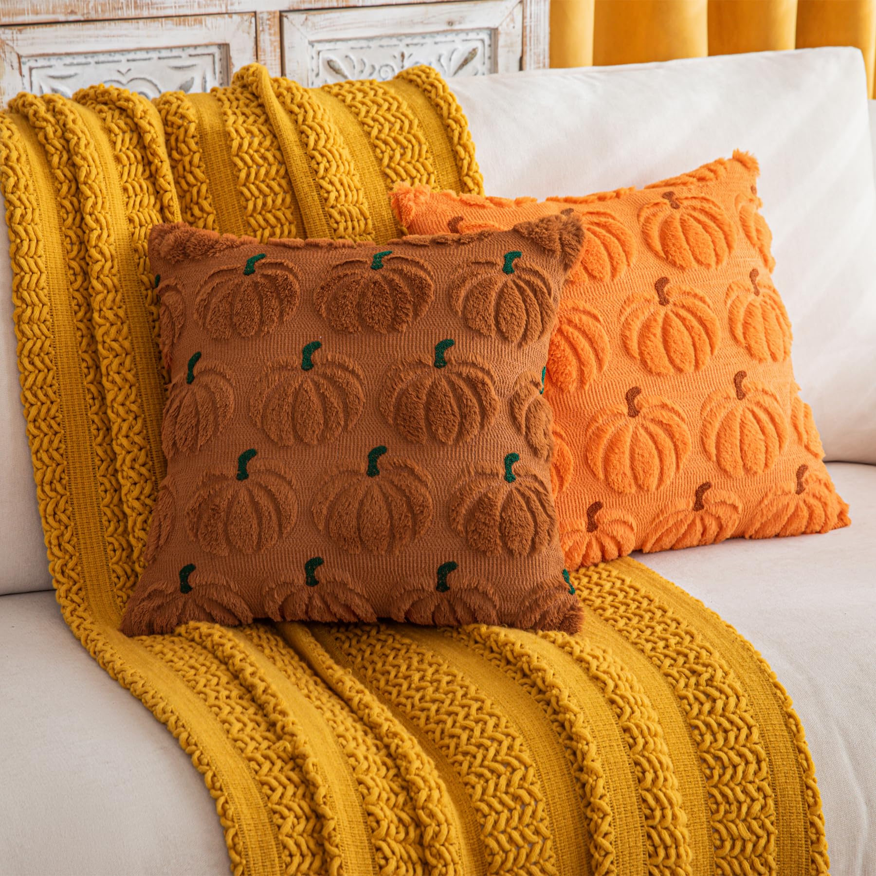 Cosibono Pumpkin Fall Decorative Throw Pillow Covers 18'X18', Set Of 2 Orange Brown Soft Faux Fur Pillow Covers For Autumn Har