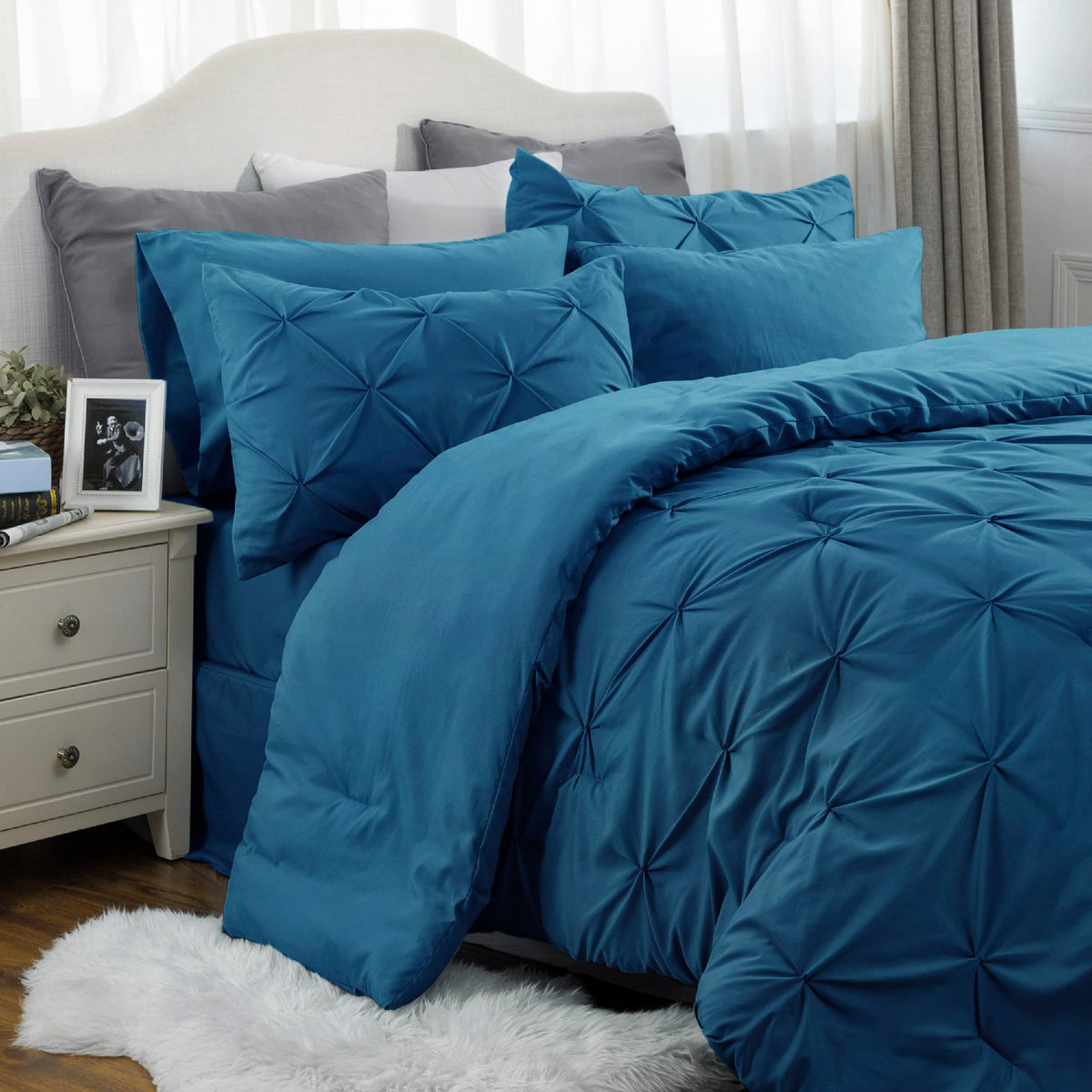 Bedsure California King Comforter Set - Cal King Bed Set 7 Pieces, Pinch Pleat Teal Blue Cali King Bedding Set With Comforter, S