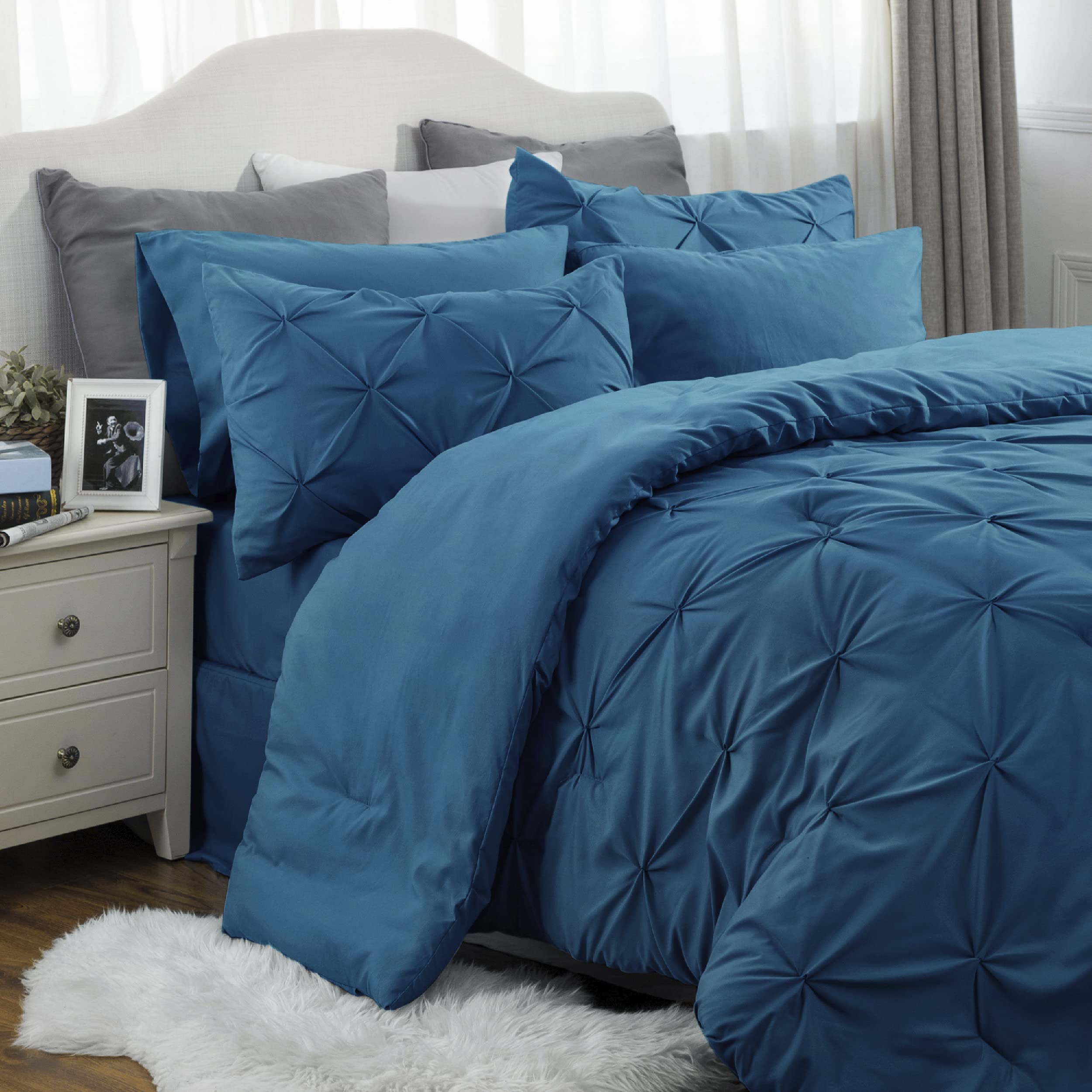 Bedsure Twin Comforter Set With Sheets - 5 Pieces Twin Bedding Sets, Pinch Pleat Teal Blue Twin Bed In A Bag With Comforter, She