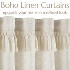 Jinchan Linen Blend Curtains With Tassels, Curtains For Living Room 90 Inches Long, Boho Curtains, Rod Pocket Back Tab Flax Farmhouse Curtains For Bedroom Light Filtering Window Curtain Set 2 Panels