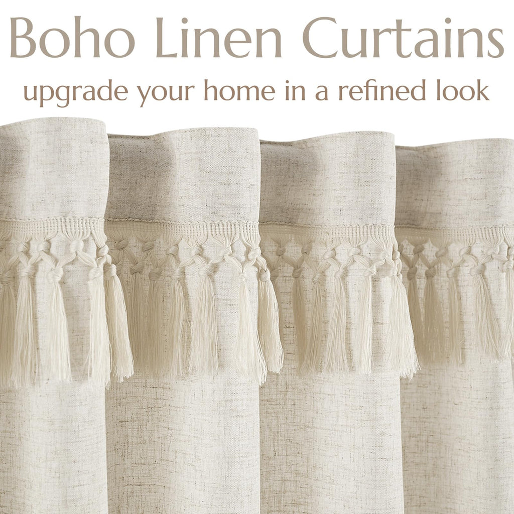 Jinchan Linen Blend Curtains With Tassels, Curtains For Living Room 96 Inches Long, Boho Curtains, Rod Pocket Back Tab Flax Farmhouse Curtains For Bedroom Light Filtering Window Curtain Set 2 Panels