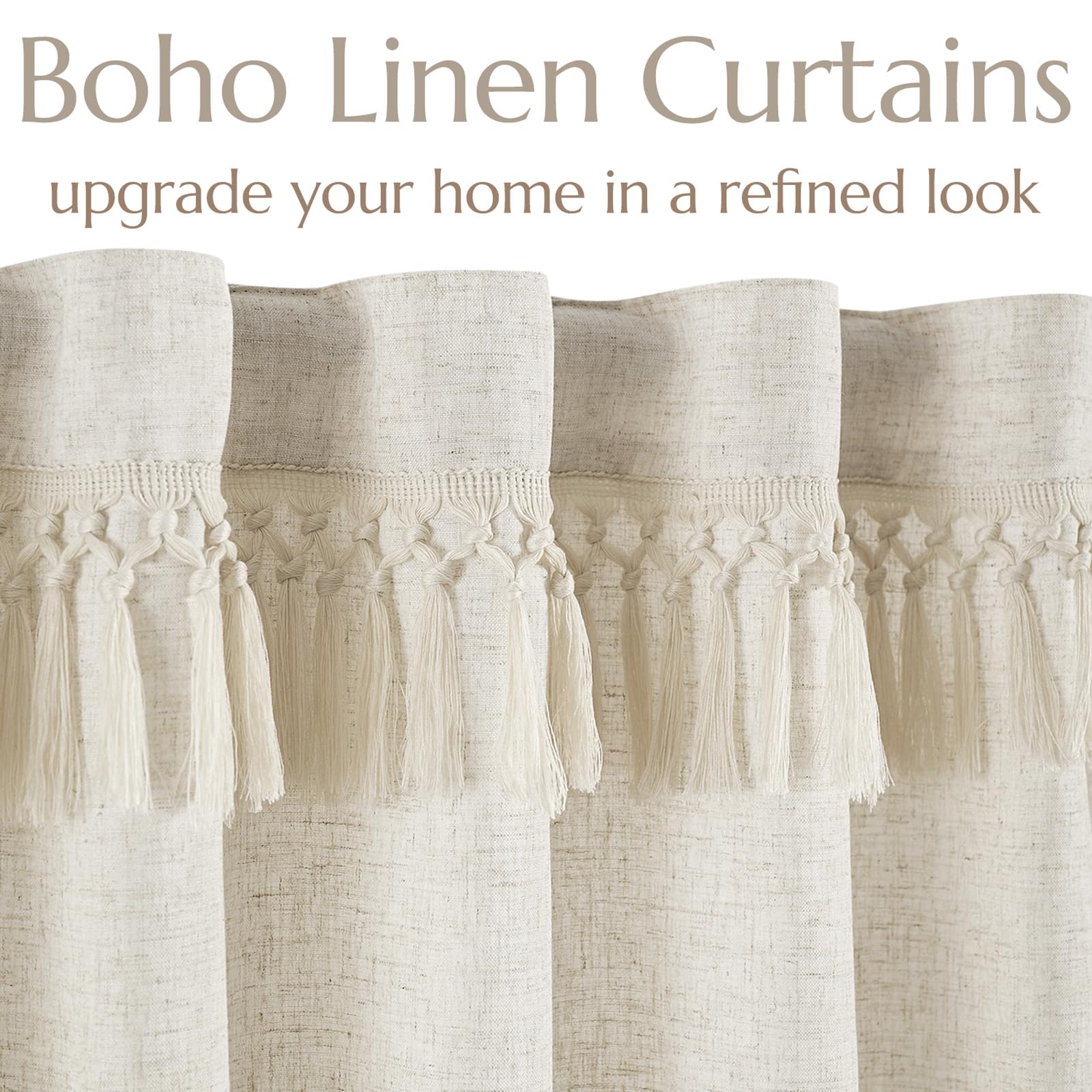 Jinchan Linen Blend Curtains With Tassels, Curtains For Living Room 63 Inches Long, Boho Curtains, Rod Pocket Back Tab Flax Farmhouse Curtains For Bedroom Light Filtering Window Curtain Set 2 Panels