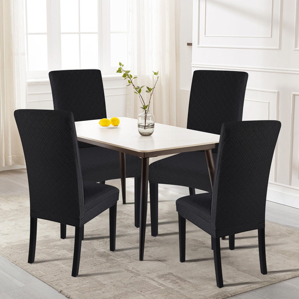 Searchi Dining Room Chair Covers Set Of 4, Stretch Jacquard Parsons Chair Slipcovers Removable Washable Kitchen Chair Protector Cover For Dining Room, Hotel, Ceremony (Black Rhombus)