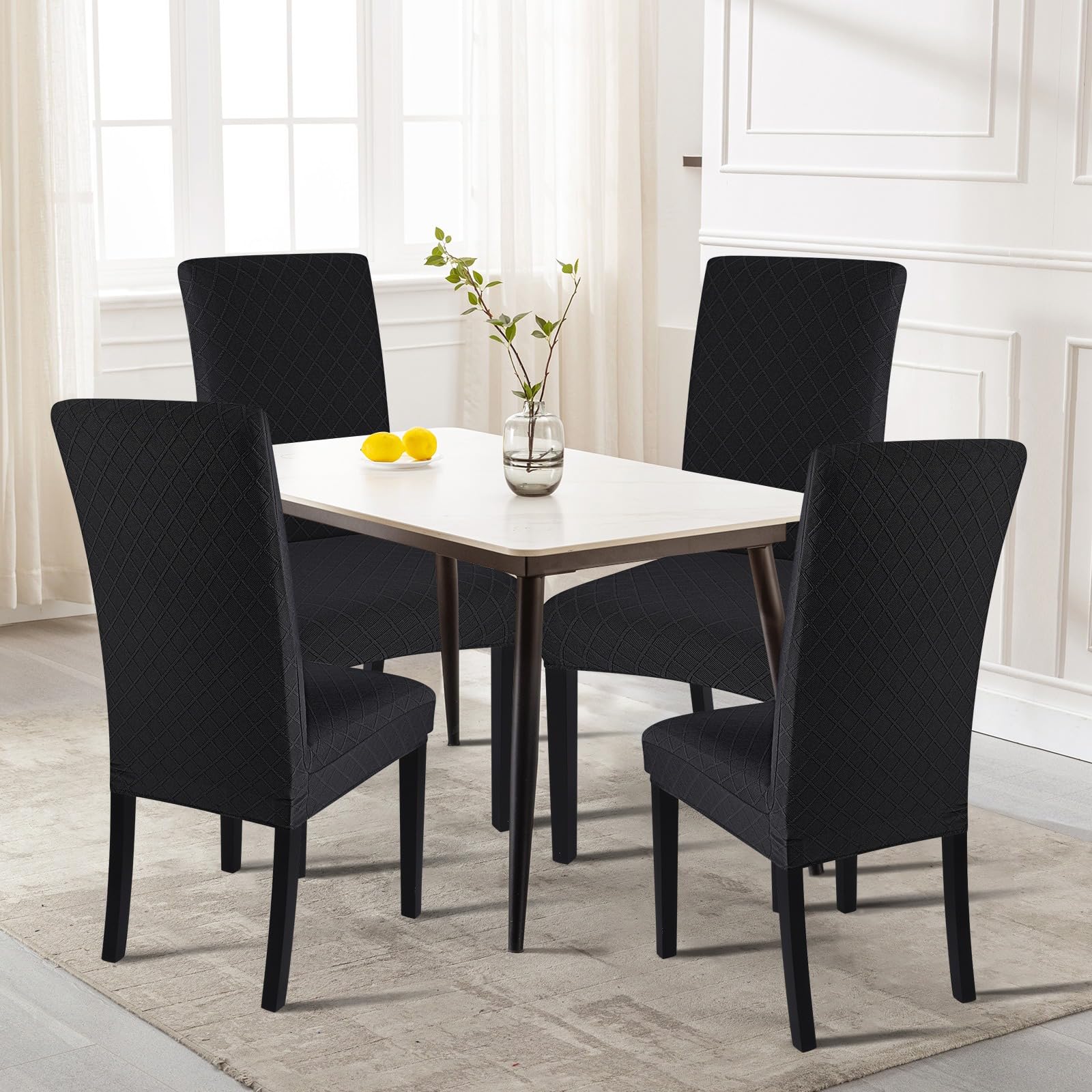 Searchi Dining Room Chair Covers Set Of 4, Stretch Jacquard Parsons Chair Slipcovers Removable Washable Kitchen Chair Protector Cover For Dining Room, Hotel, Ceremony (Black Rhombus)