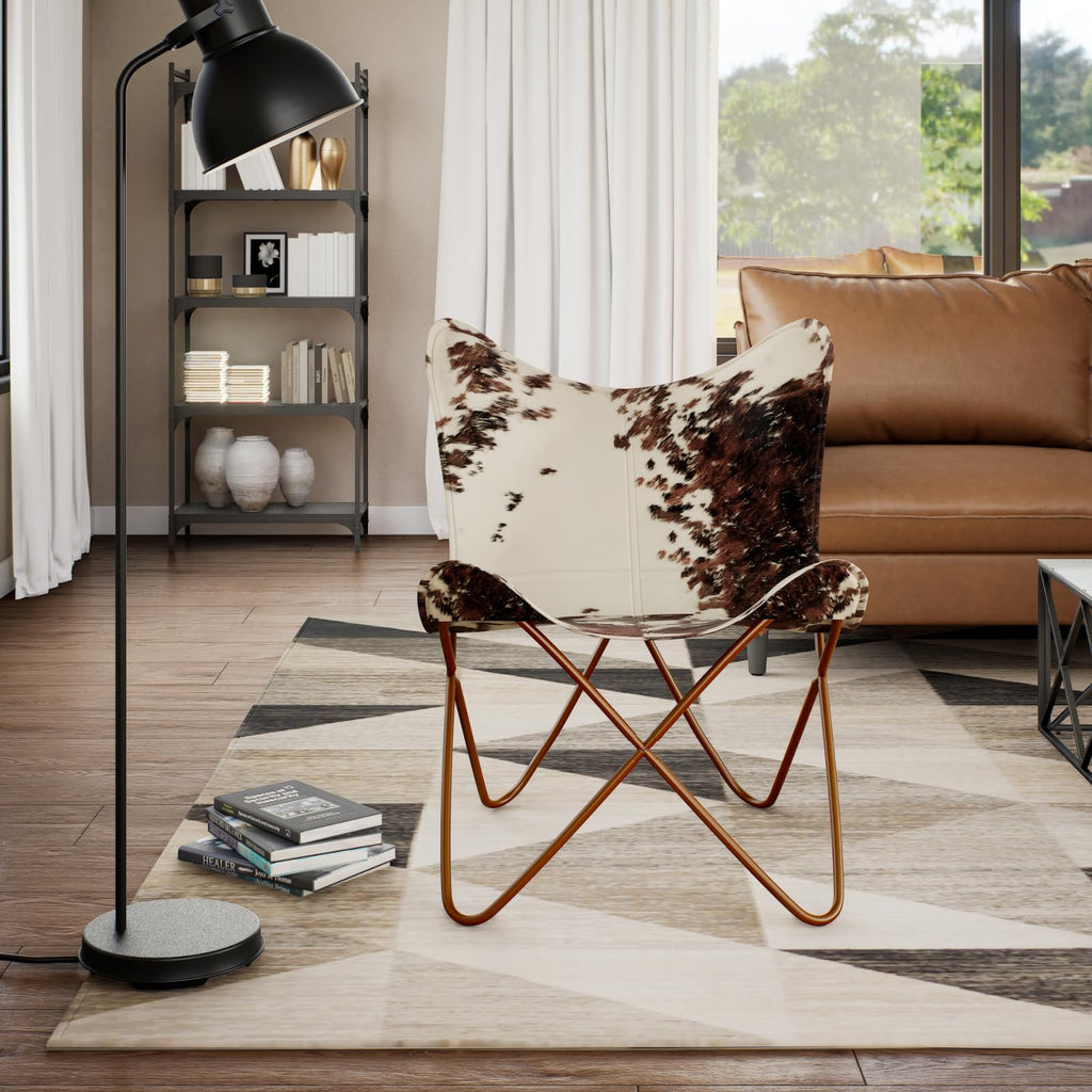 vidaXL Butterfly Chair, Lightweight Armchair with Powder-Coated Steel Frame, Comfortable Genuine Goat Leather, Versatile Utility 17.91" x 25.79" x 4.13", Brown & White
