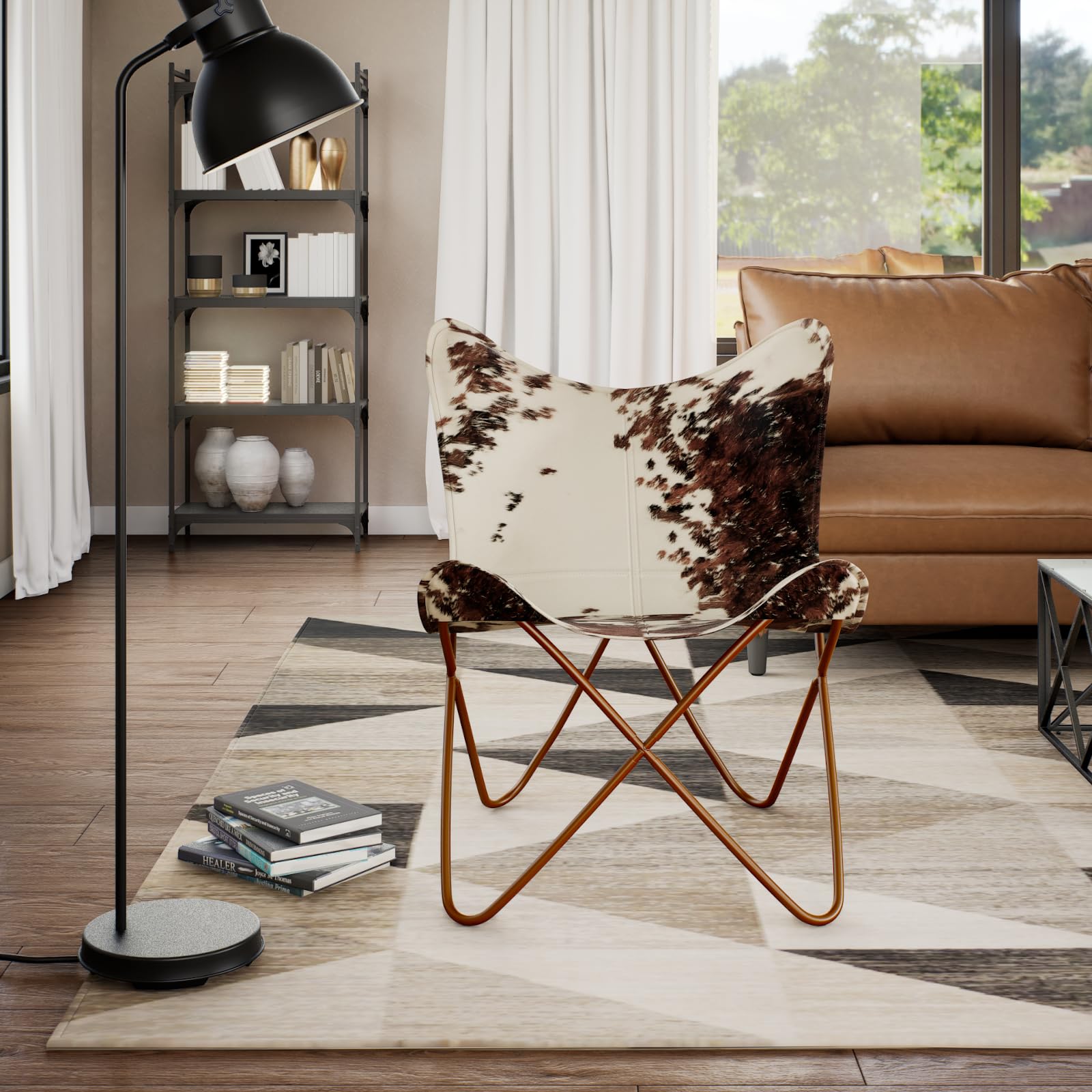 vidaXL Butterfly Chair, Lightweight Armchair with Powder-Coated Steel Frame, Comfortable Genuine Goat Leather, Versatile Utility 17.91" x 25.79" x 4.13", Brown & White