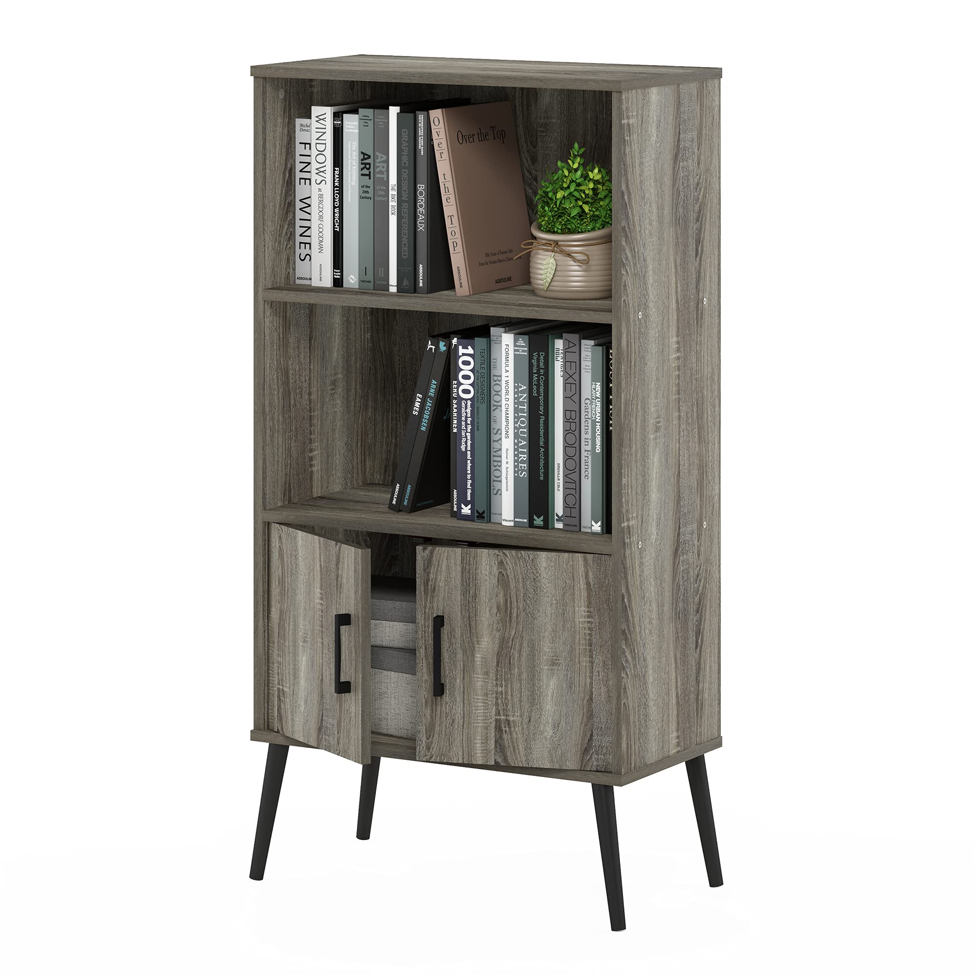 Furinno MIDCENTURY Storage Shelves, Storage Cabinet with Doors and Shelves, Bookshelf with Legs, for Living Room, Home Office, G