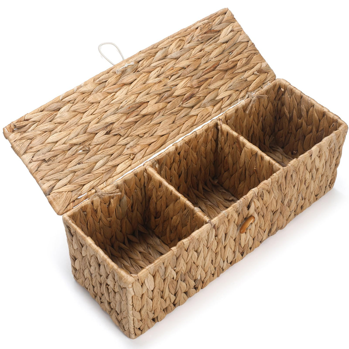 Wicker Bathroom Basket with Lid, Water Hyacinth Toilet Tank Basket with 3 Compartments, Woven Storage Box for Bathroom Organizer