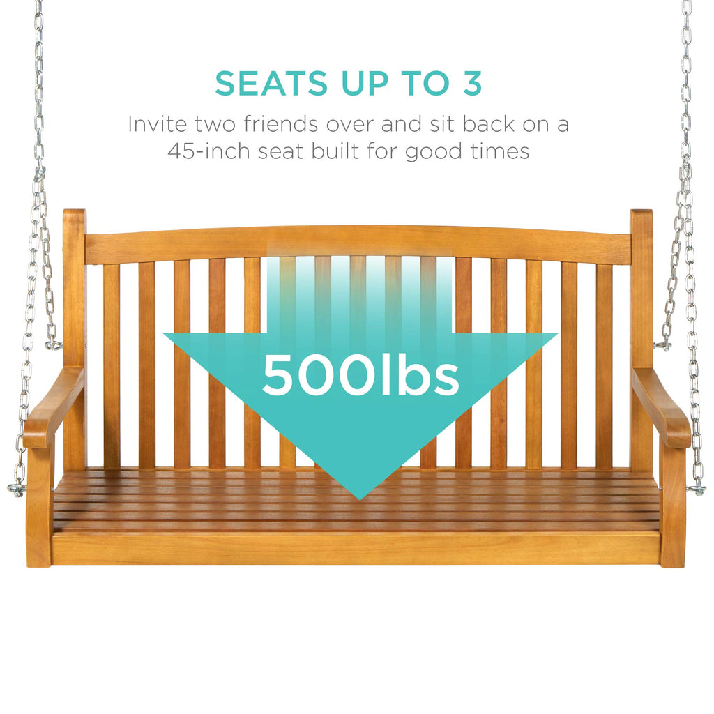Best Choice Products 48In Wood Porch Swing Outdoor Patio Hanging Bench Chair Furniture For Deck, Garden, Yard W/Mounting Chains, Curved Back Design, 500Lb Weight Capacity - Brown