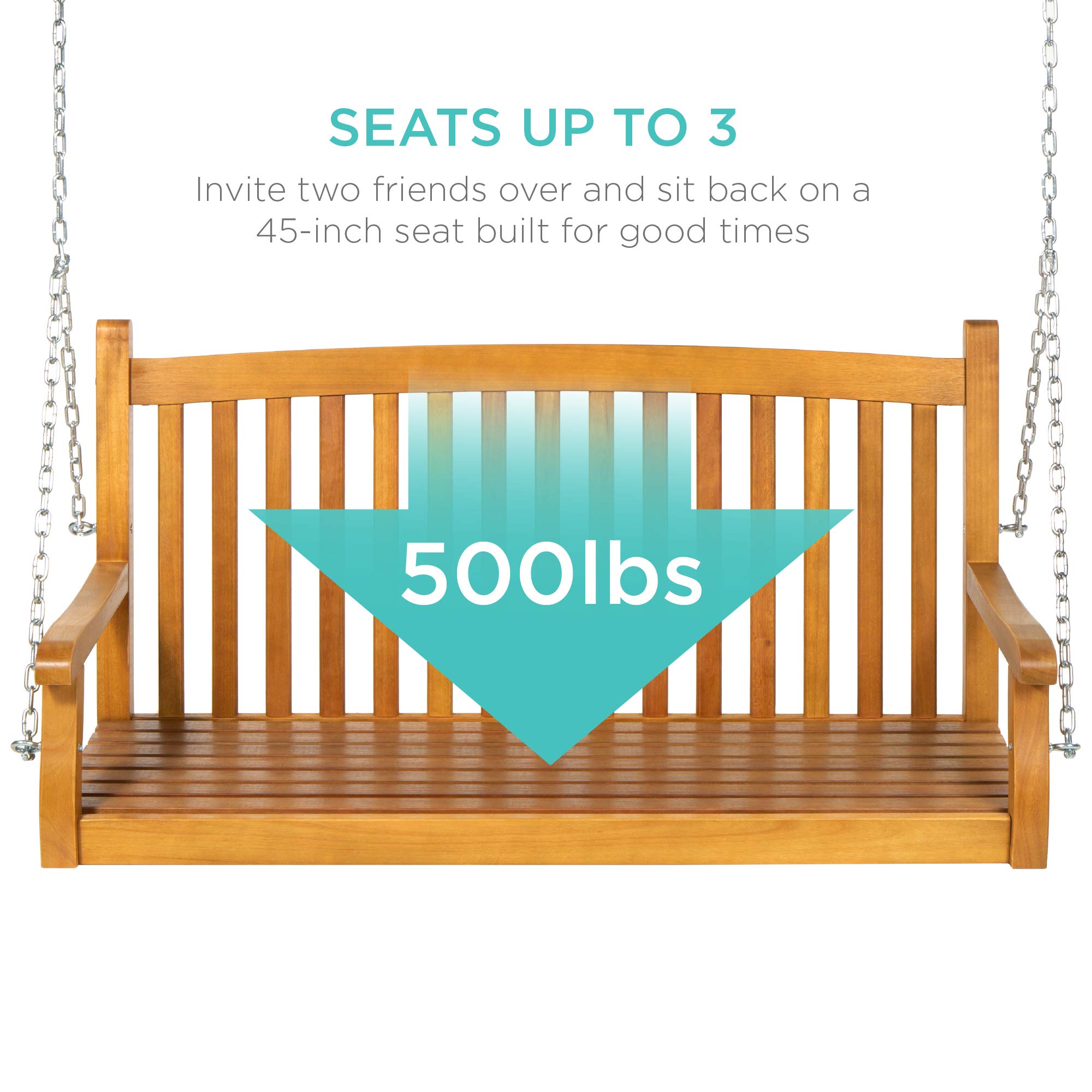 Best Choice Products 48In Wood Porch Swing Outdoor Patio Hanging Bench Chair Furniture For Deck, Garden, Yard W/Mounting Chains, Curved Back Design, 500Lb Weight Capacity - Brown