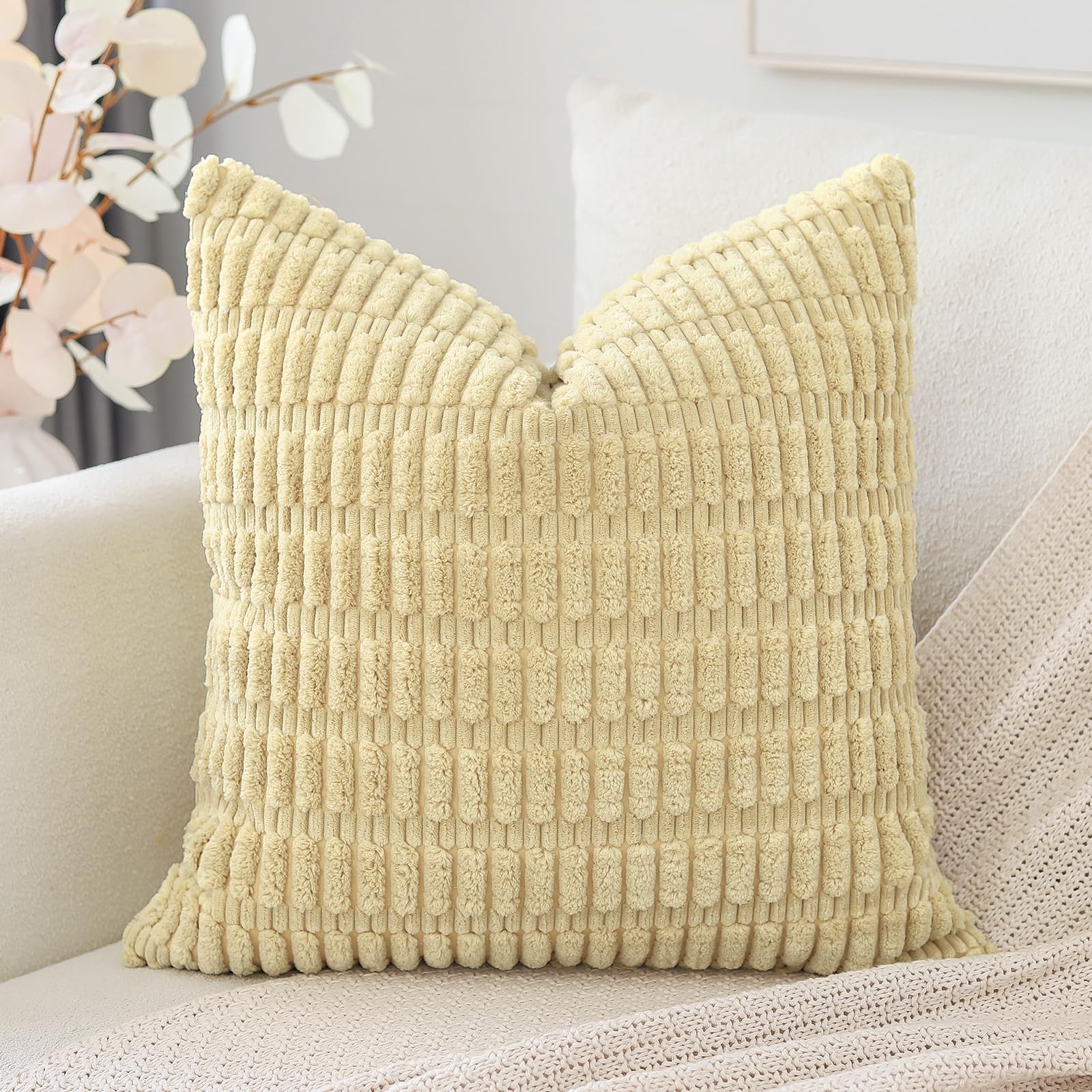 Otostar Corduroy Decorative Throw Pillow Covers 24X24 Inch Super Soft Boho Striped Square Pillow Covers Case Modern Cushion Covers For Sofa Couch Bedroom Car Decor Beige