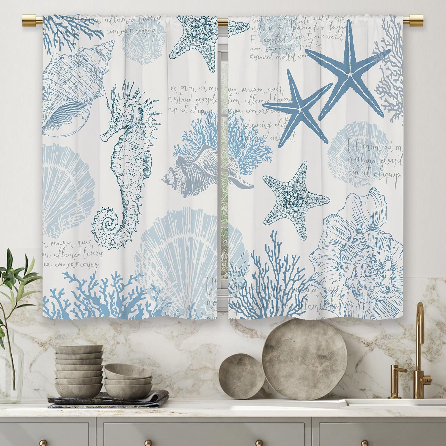 Laifzere Nautical Coastal Kitchen Curtains Coral Blue Starfish Seashell Small Short Cafe Window Curtains Coral Beach Ocean Seaho
