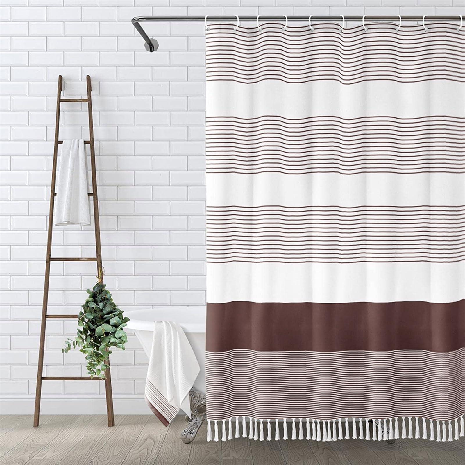 Awellife Boho Dark Brown Shower Curtain For Bathroom Stripe Tassel Shower Curtain 72 X 72 Inches Farmhouse Linen