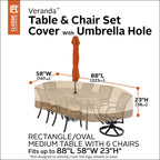 Classic Accessories Veranda Water-Resistant 88 Inch Rectangular/Oval Patio Table & Chair Set Cover With Umbrella Hole, Outdoor Table Cover