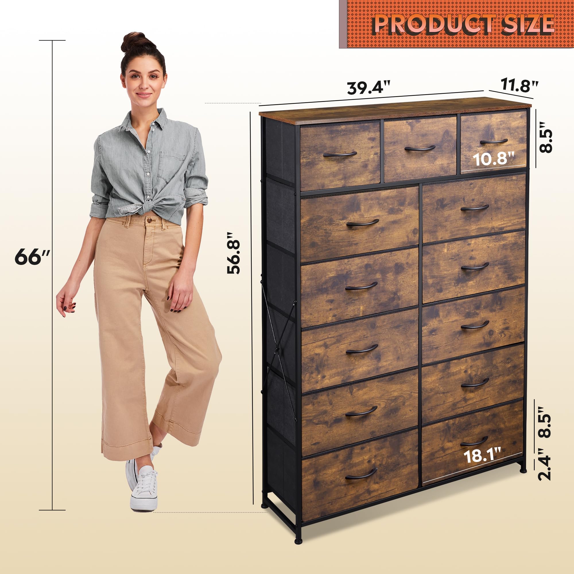 Wlive Tall Dresser For Bedroom With 13 Drawers, Storage Dresser Organizer Unit, Fabric Dresser For Bedroom, Closet, Chest Of Drawers, Steel Frame, Wood Top, Rustic Brown Wood Grain Print