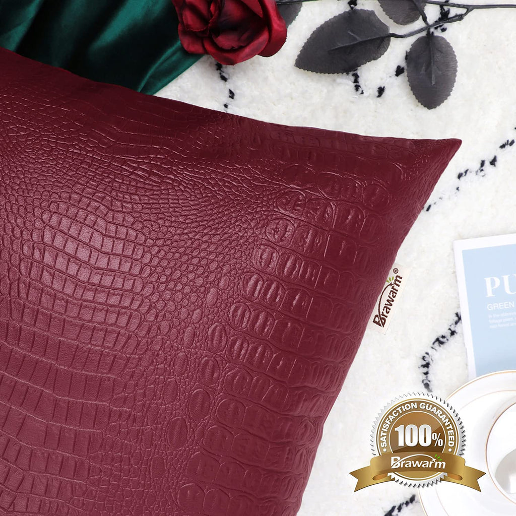 Brawarm Faux Leather Pillow Covers 12 X 20 Inches, Burgundy Leather Pillow Covers Pack Of 2, Crocodile Leather Decorative Lumbar