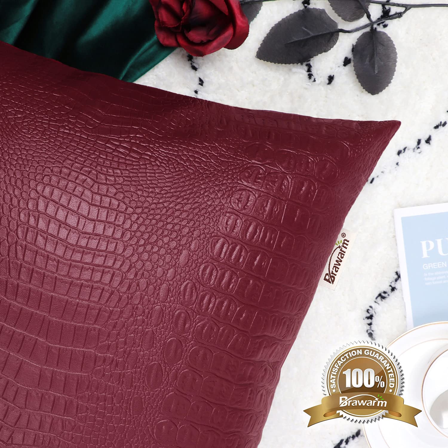 Brawarm Faux Leather Pillow Covers 12 X 20 Inches, Burgundy Leather Pillow Covers Pack Of 2, Crocodile Leather Decorative Lumbar