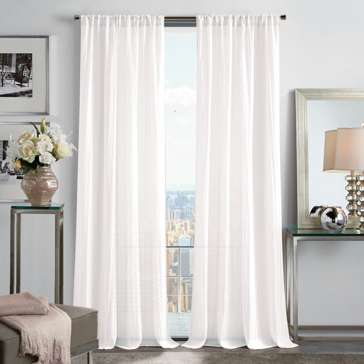 Martha Stewart Sheer Curtains Crinkle Textured Rod Pocket Window Curtain Panel Pair, 84, White