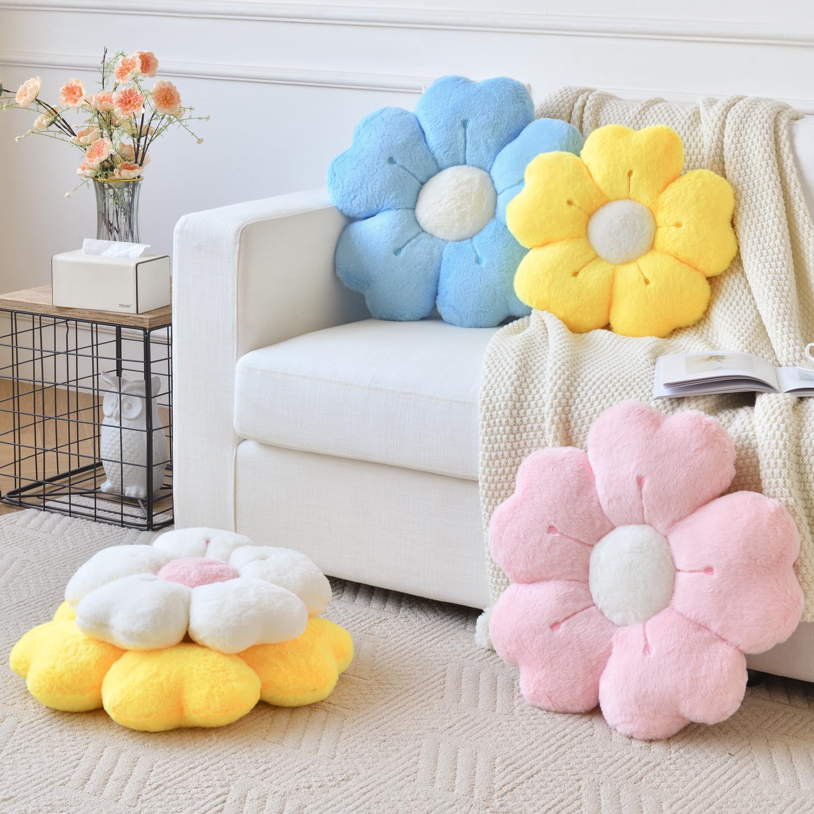 Ddliury Flower Pillow, Flower Shaped Pillow Decorative Throw Pillows For Bed Couch, Cute Daisy Pillow Dorm Decor Floor Seating Cushion (Blue, 15 Inches)