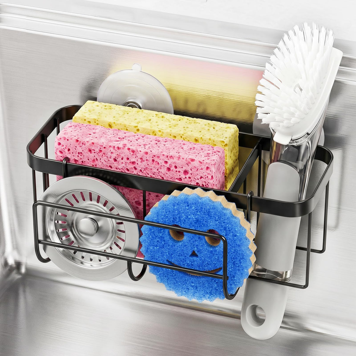 3in1 Sponge Holder for Kitchen Sink with Suction Cups & Adhesive Hooks