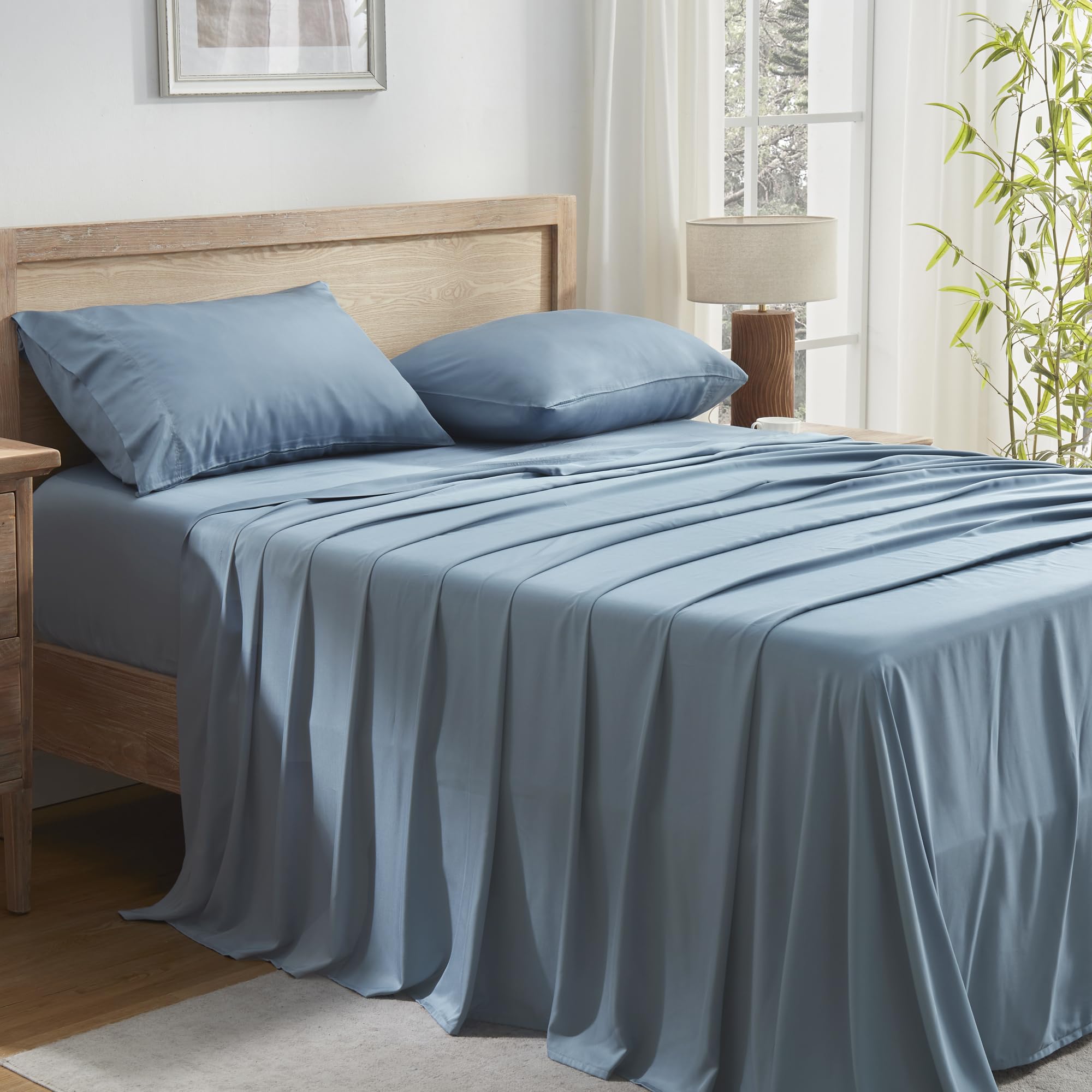Andency Grayish Blue Full Size Bed Sheets, 100% Viscose Derived From Bamboo, Cooling Full Sheets, Deep Pocket Up To 16', Silky Soft Bed Sheets, Hotel Luxury Breathable Bedding Sheets & Pillowcases