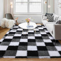 KICMOR Living Room Rugs 5x8, Fluffy Shag Fuzzy Plush Black White Grey Checkered Area Rug Furry Soft Shaggy Carpet for Bedroom, I