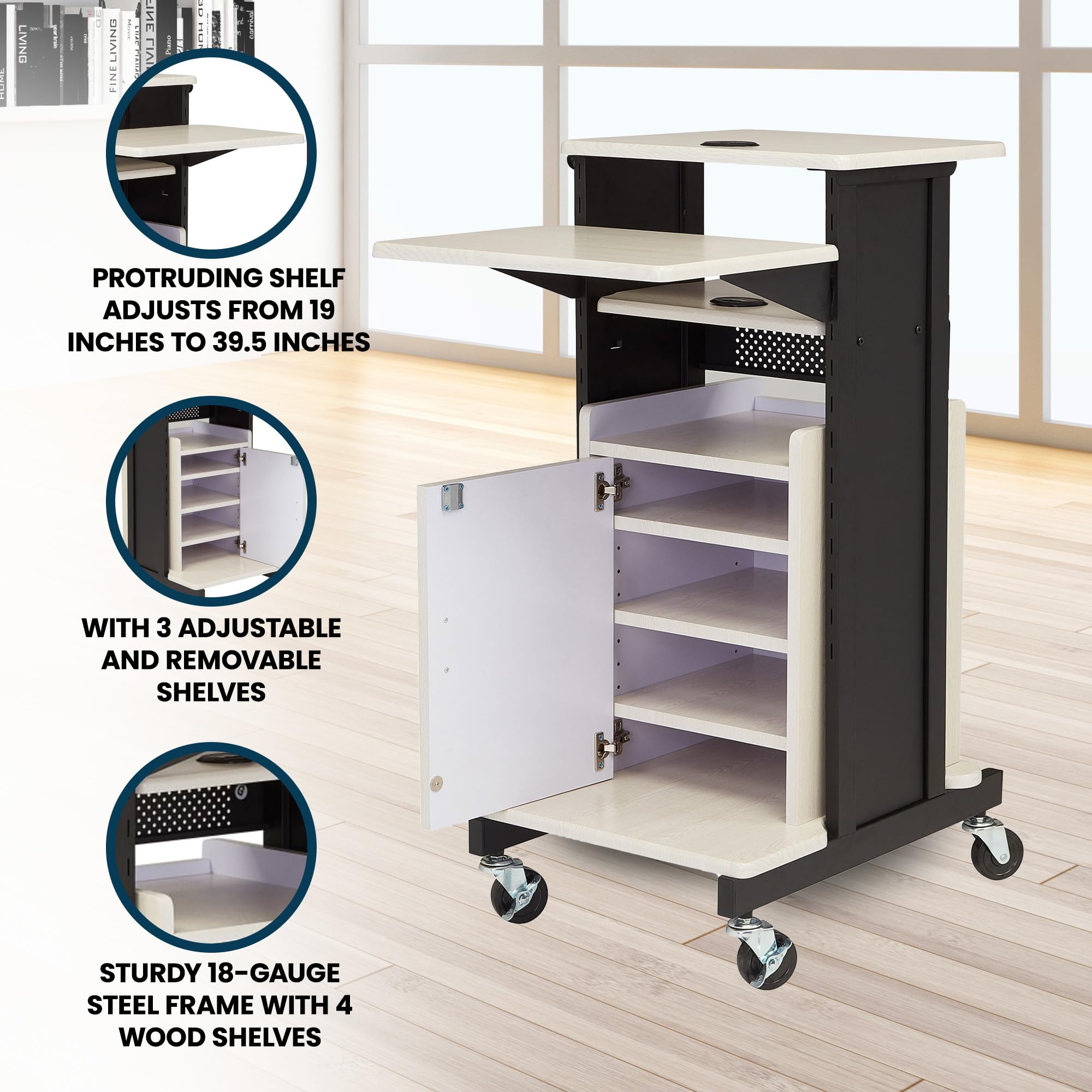Oklahoma Sound Premium Plus Steel Wheeled Av Presentation Cart With Storage Cabinet, Wire Management Grommets, And 6 Outlet Power Strip, Ivory/Black