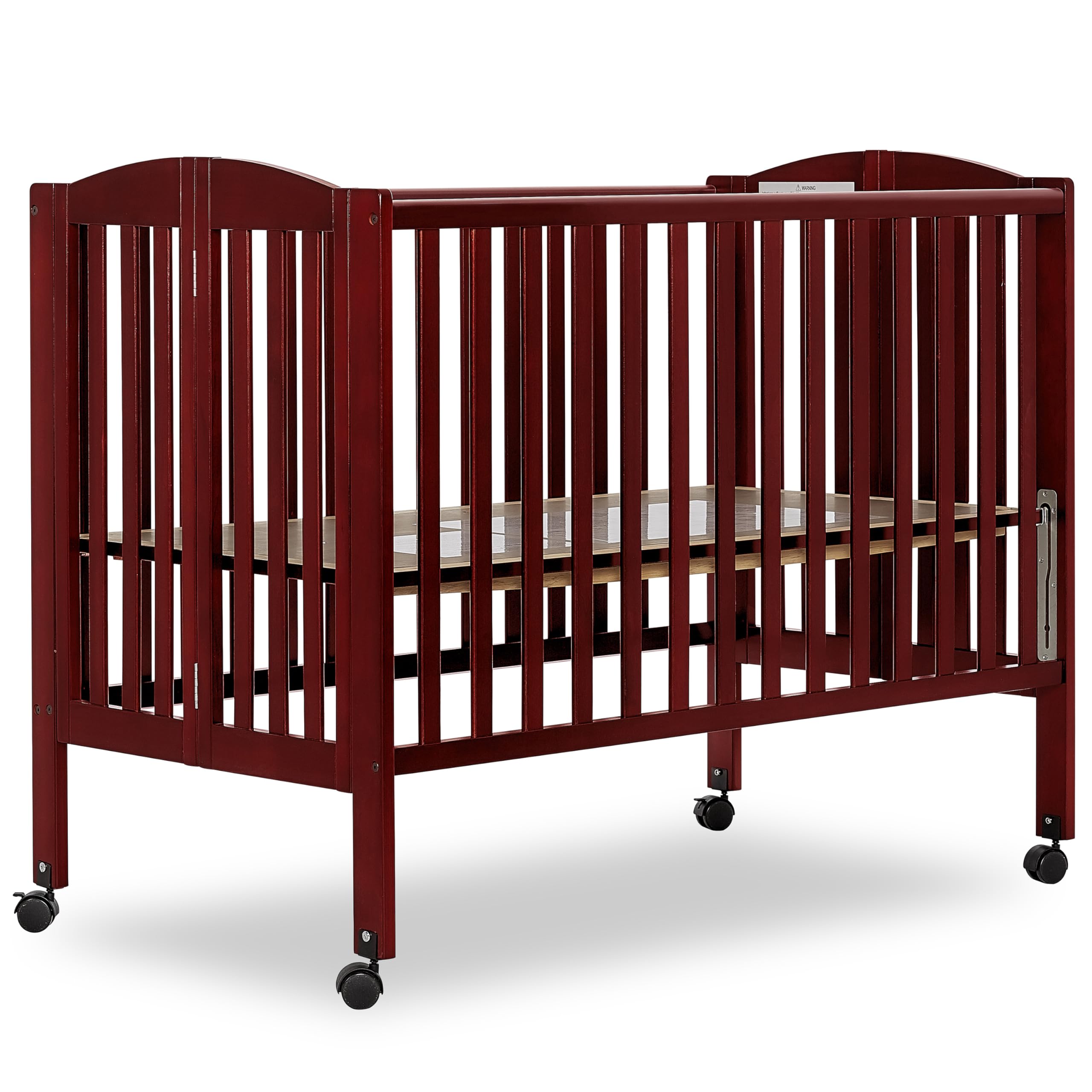 Dream On Me Full Size 2-in-1 Folding Stationary Side Crib in Cherry, Locking Wheels, Folds Flat for Storage, Comes with Teething