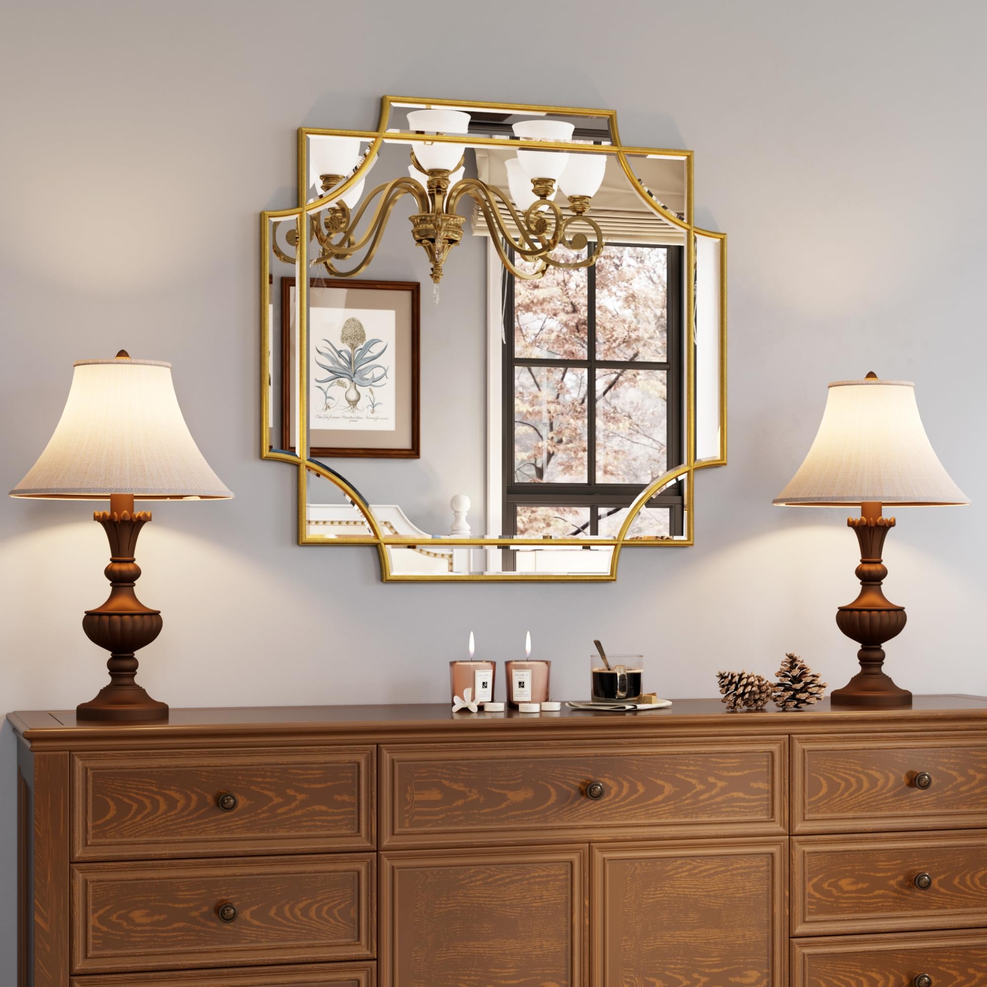 Kelly Miller Gold Framed Mirror for Wall, 26''x26'' Gold Square Wall Mirror Vanity Mirror Decorative Mirror Beveled Wall Decor f