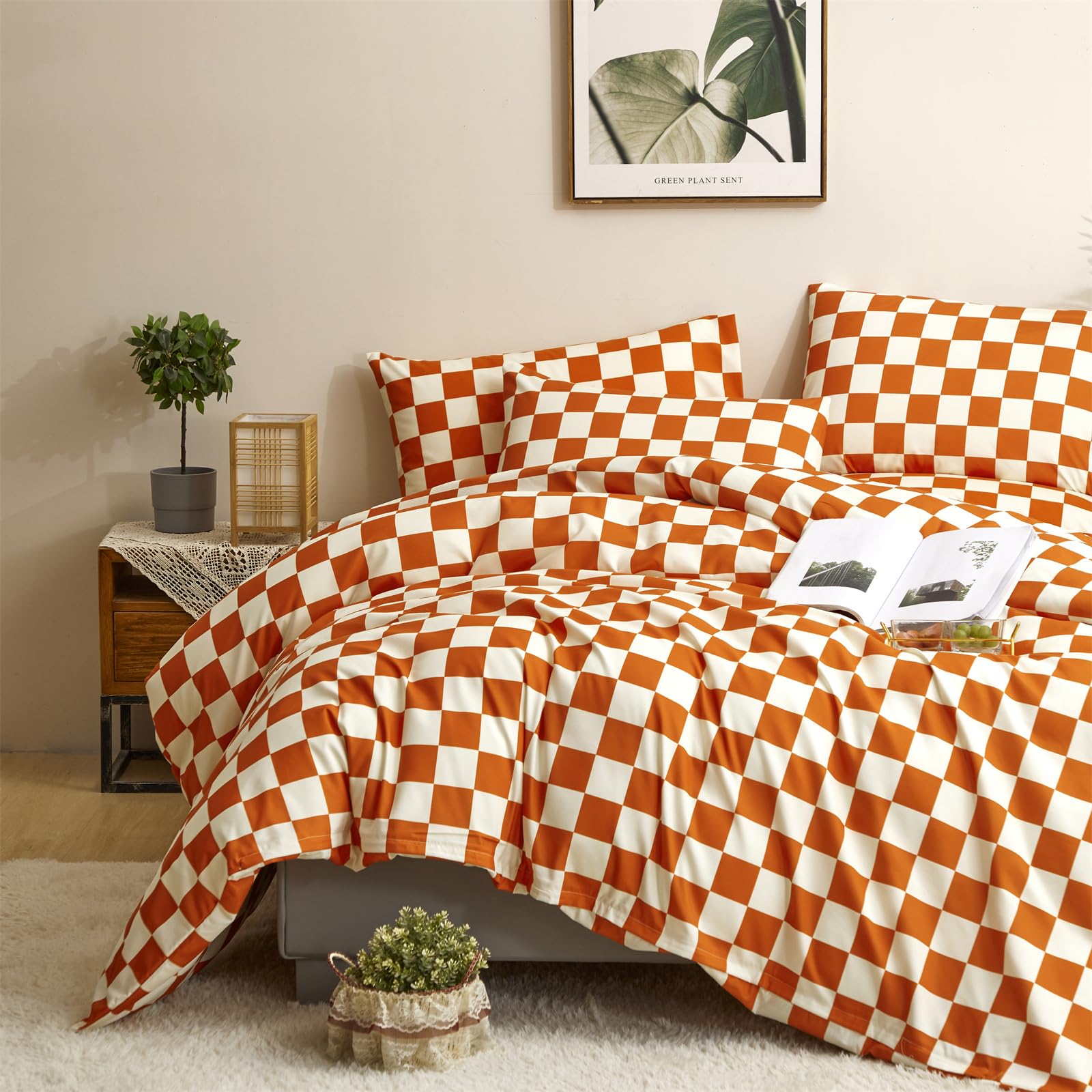 Clothknow Burnt Orange Gird Comforter Set King Rust Bedding Set Geometric Bedding Comforter Caramel Bedding Buffalo Check Comforter Soft Lightweight Bedding 3Pcs Plaid Comforter Sets