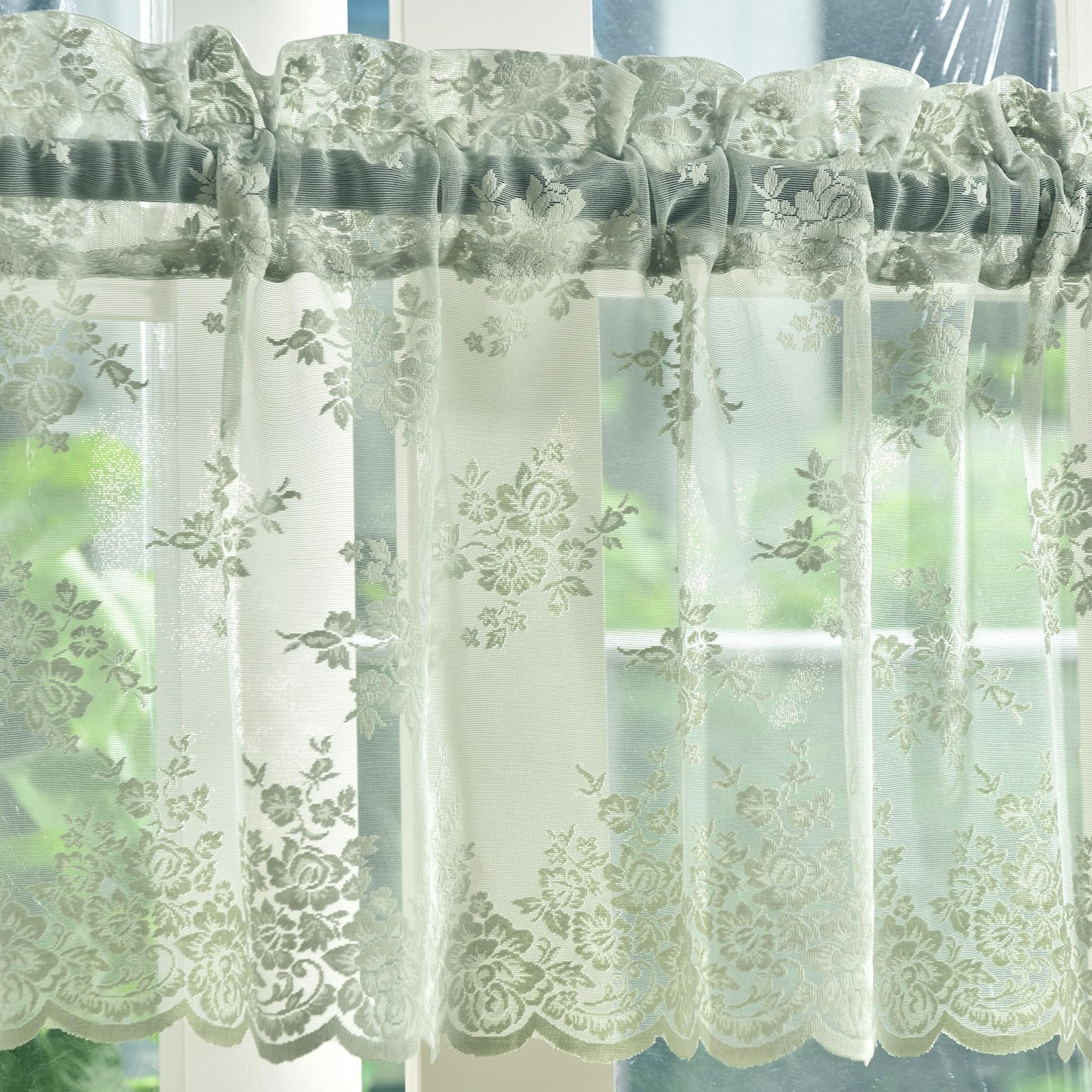 Kotile Sage Green Sheer Valance Curtain For Windows, Rustic Floral Spring Sheer Window Valance Curtain 18 Inch Length, Light Fil
