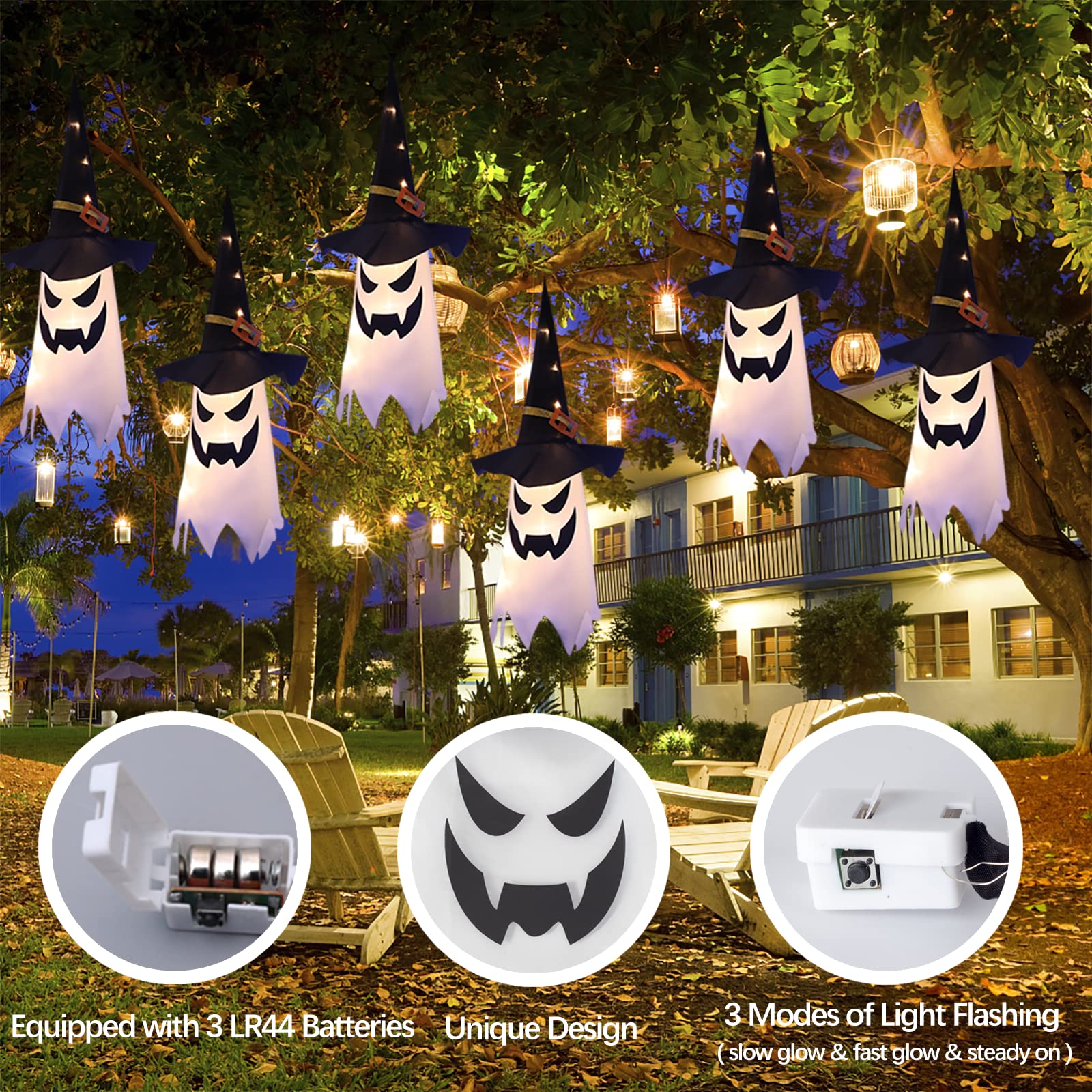 Halloween Decorations Outdoor Decor Hanging Lighted Glowing Ghost Witch Hat Halloween Decorations Indoor Outside Ornaments Clear