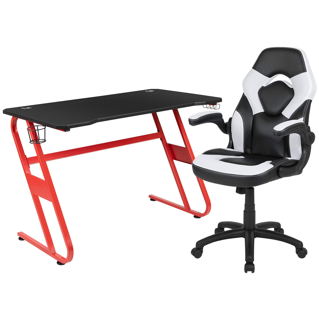 Flash Furniture Red Gaming Desk And White/Black Racing Chair Set With Cup Holder And Headphone Hook