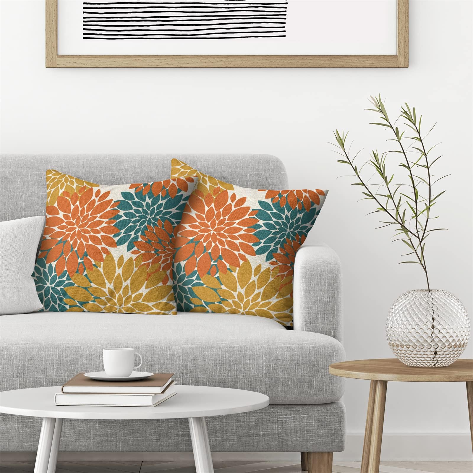 Cxmeifly Orange Yellow Teal Pillow Covers 20X20 Inch Set Of 2 Dahlia Floral Decor Throw Pillows Summer Modern Geometry Flower Ou
