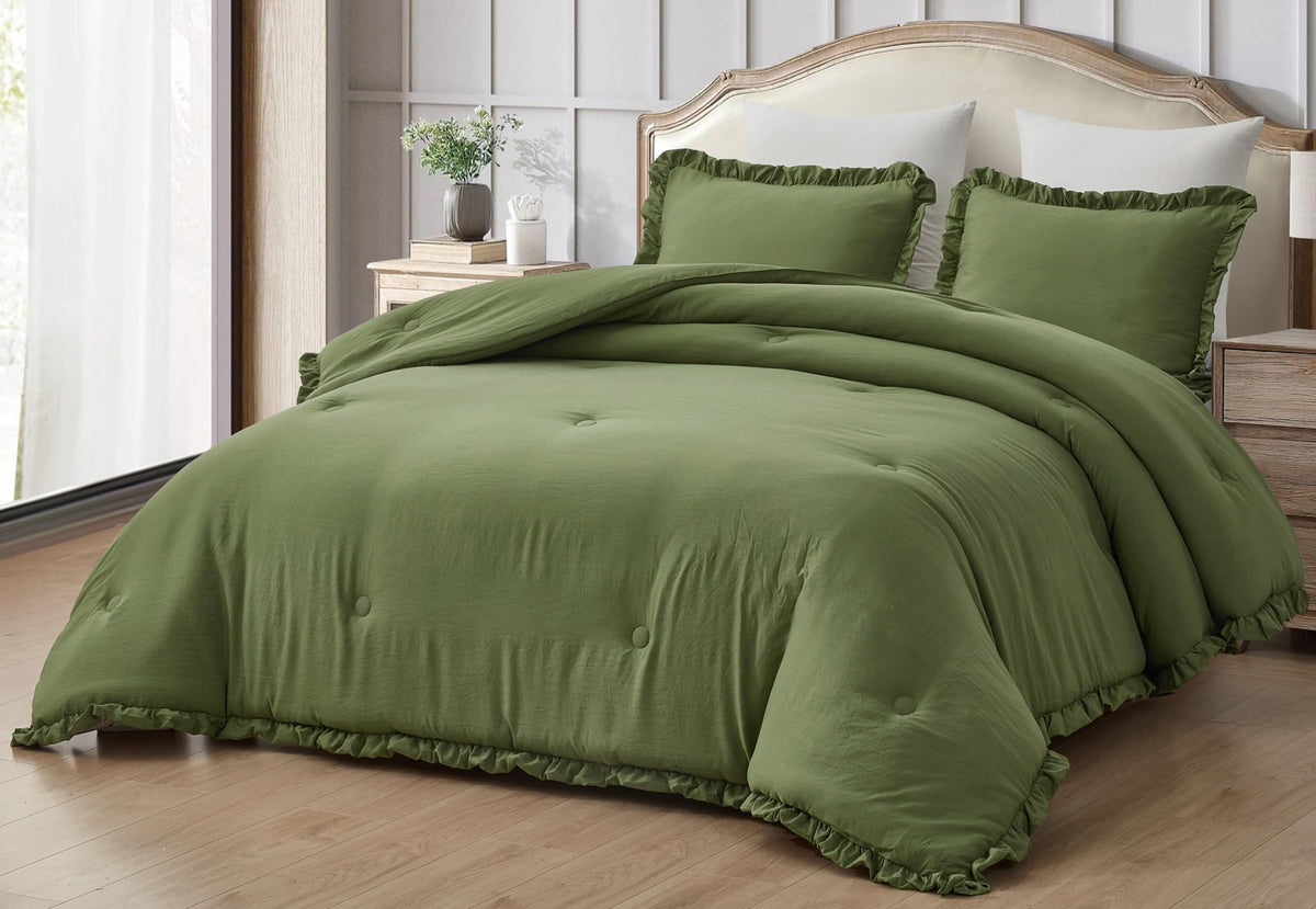 Chezmoi Collection Nora Olive Green Comforter Set Oversized Queen Size 3-Piece Fluffy Soft Lightweight Bedding Ruffled Edge Trim