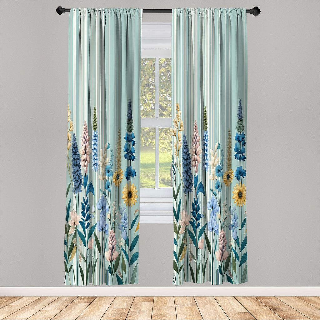 Ambesonne Spring Window Curtains, Modern Garden With Leafy Lavenders And Daisy Huddle With Boho Stripes, Lightweight Decor 2-Pan