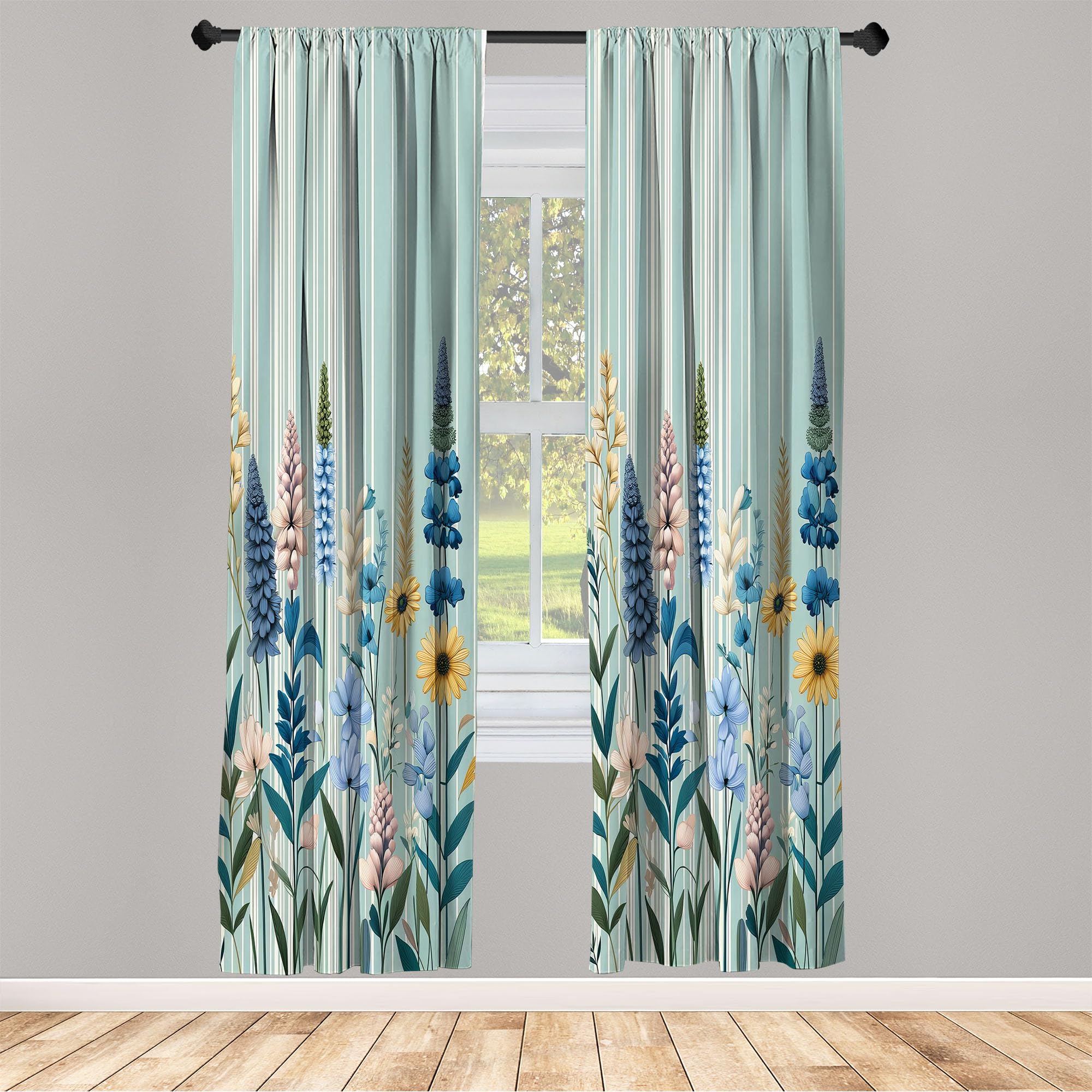 Ambesonne Spring Window Curtains, Modern Garden With Leafy Lavenders And Daisy Huddle With Boho Stripes, Lightweight Decor 2-Pan