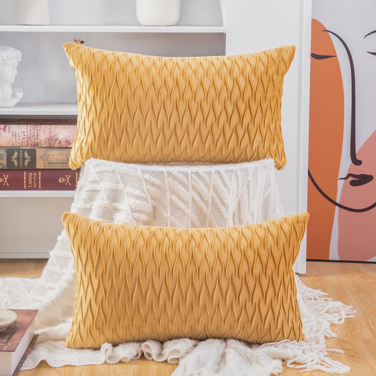 Madizz Set Of 2 Super Soft Velvet Decorative Throw Pillow Covers 12X20 Inch Gold Rectangular With Texture Luxury Style Cushion C