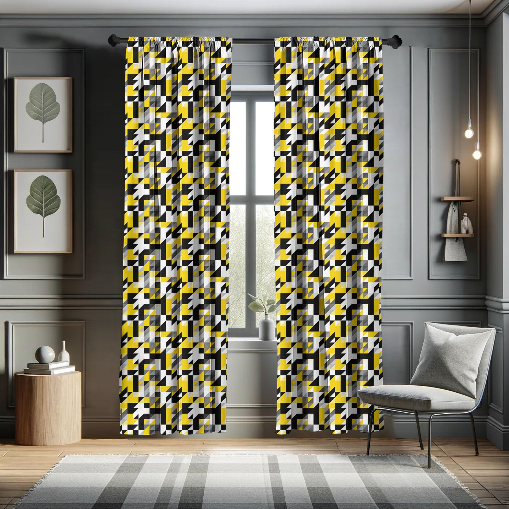Ambesonne Yellow And White Curtains, Geometric Design With Triangles Squares And Houndstooh Inspiration, Window Treatments 2 Pan